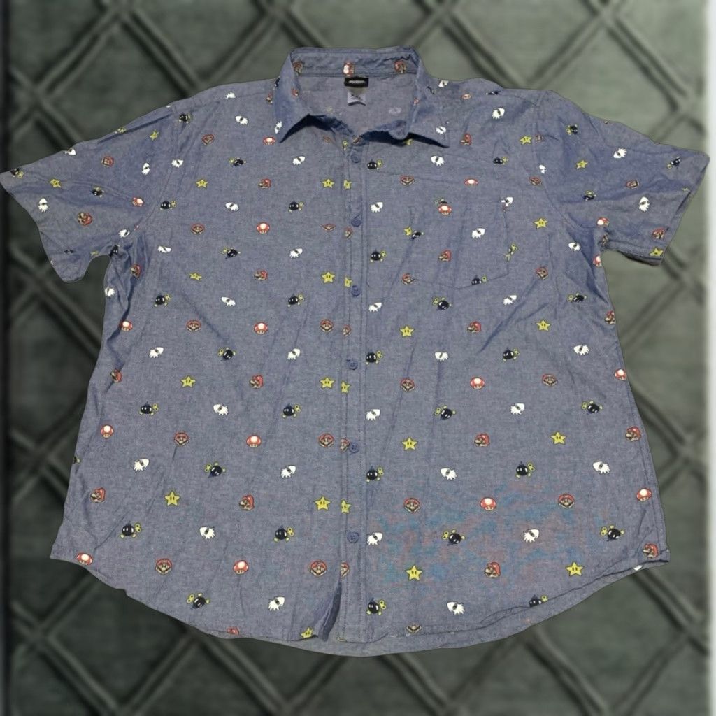 Nintendo Super Mario Button-Up Shirt 2XL Men Blue Short Sleeve Collared Casual Graphic Print Nintendo 1700 Regular Fit Household Active Retro Gaming Size US XXL / EU 58 / 5 - 1 Thumbnail
