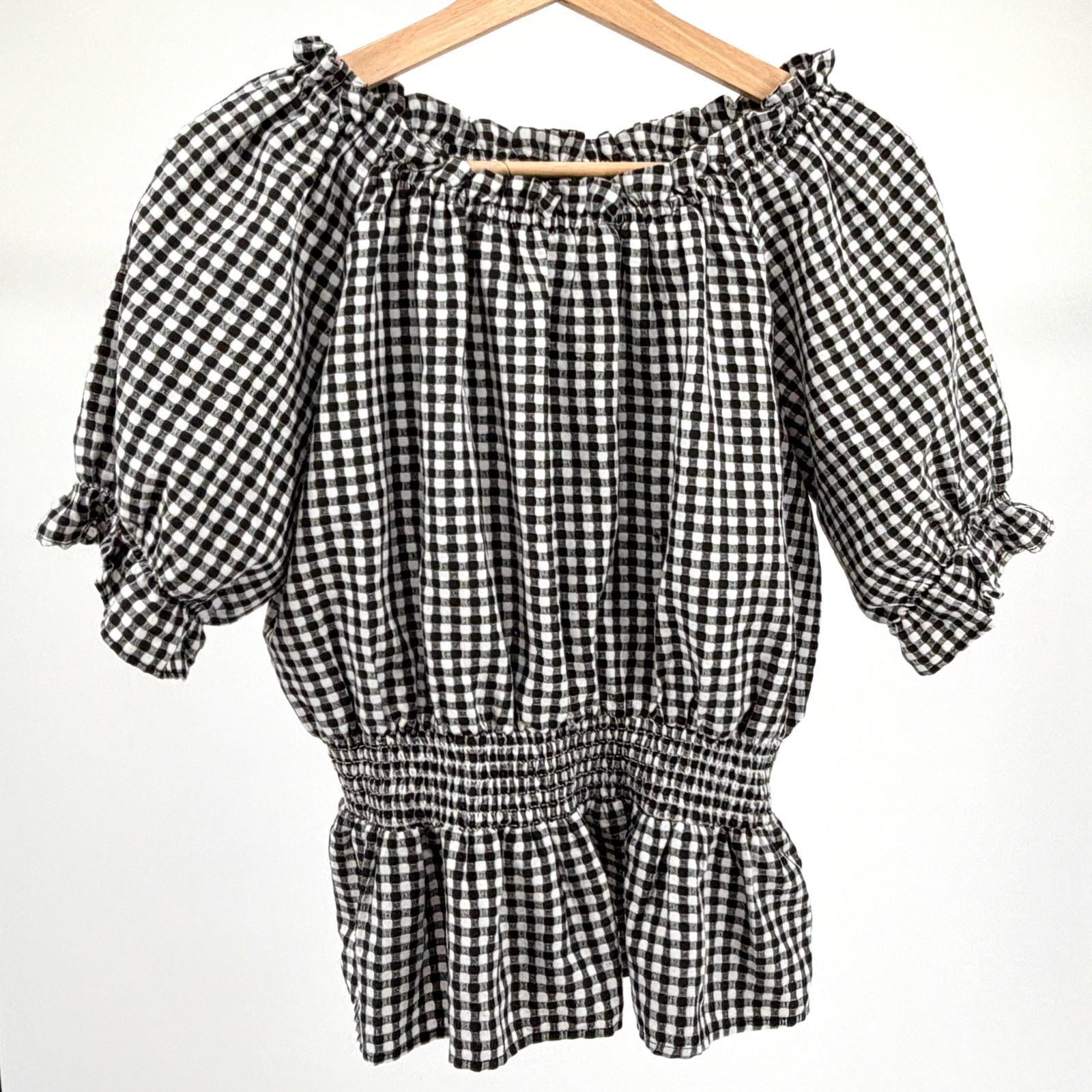 Buffalo David Bitton Black White Gingham Smocked Off-Shoulder Top Size S / US 4 / IT 40 - 1 Thumbnail