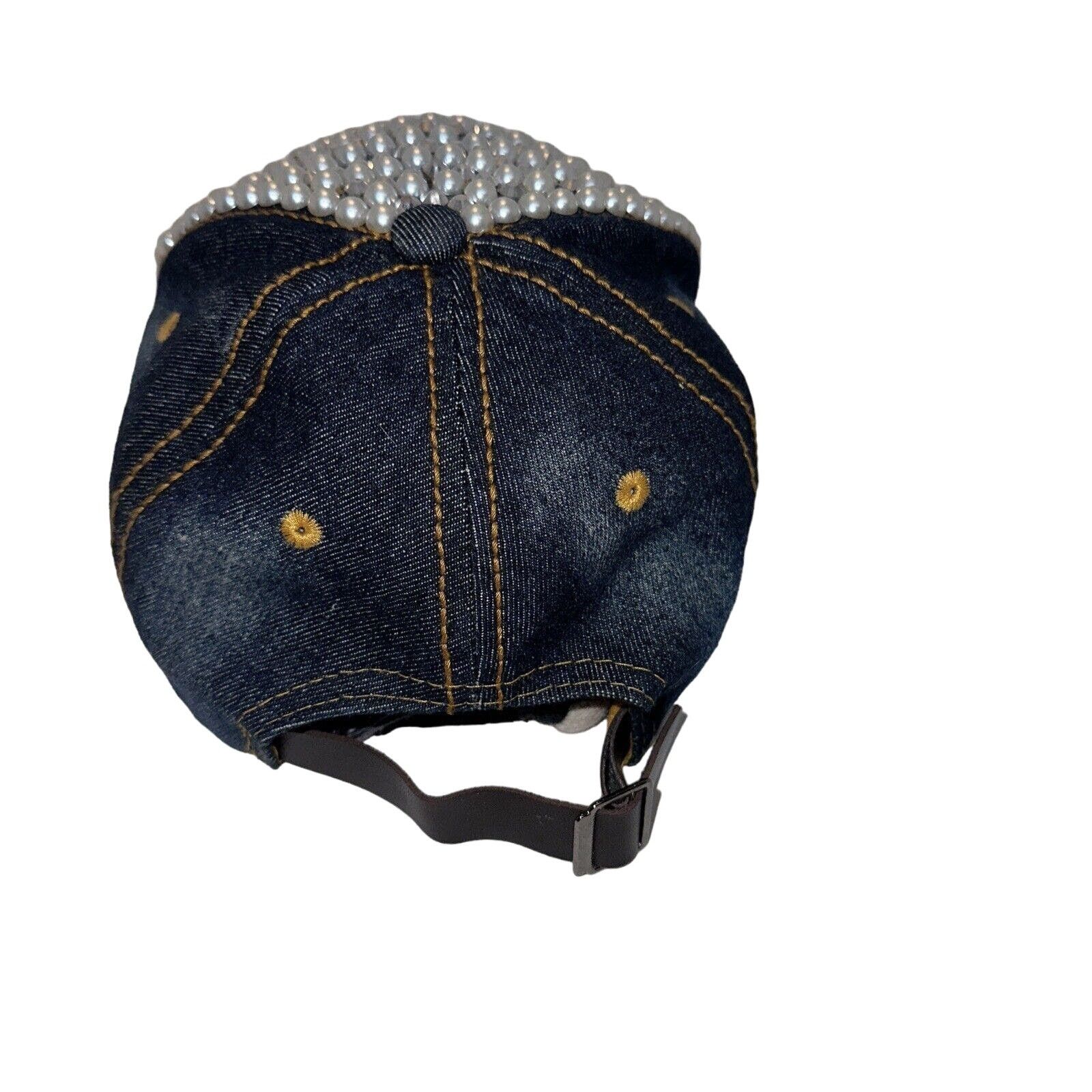 Other 29 Palms Cap Hat Faux Pearls & Rhinestone Blue Jean Leather Size ONE SIZE - 4 Thumbnail