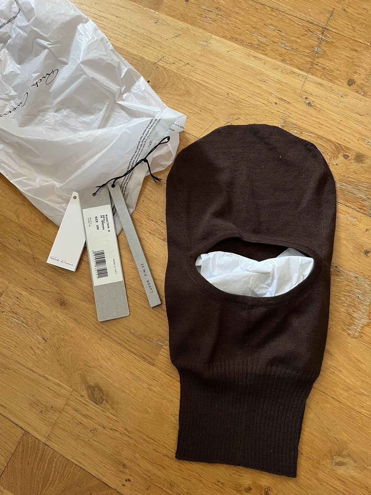 image of Rick Owens Virgin Wool Balaclava in Brown, Men's