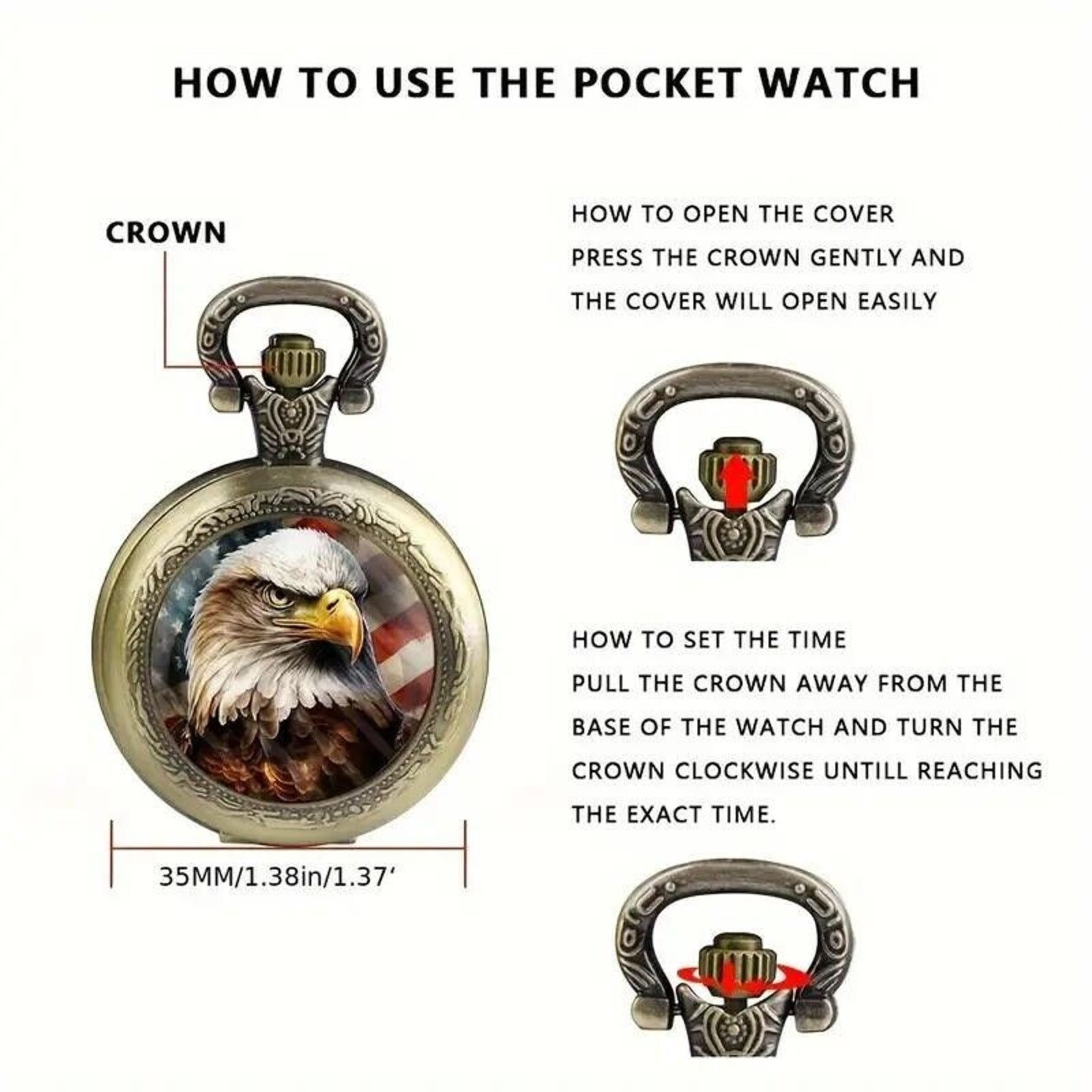Other Retro Style Eagle & American Flag Pocket Watch Chain Size ONE SIZE - 6 Thumbnail
