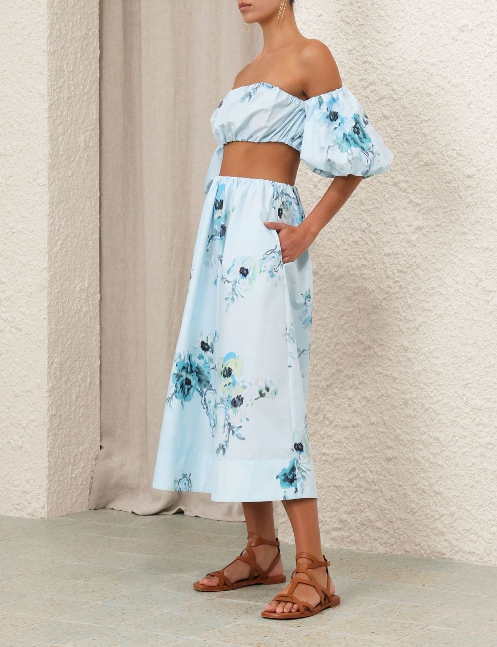 oc11z0525 Lightburst Puff Sleeve Floral Cotton Crop Top
