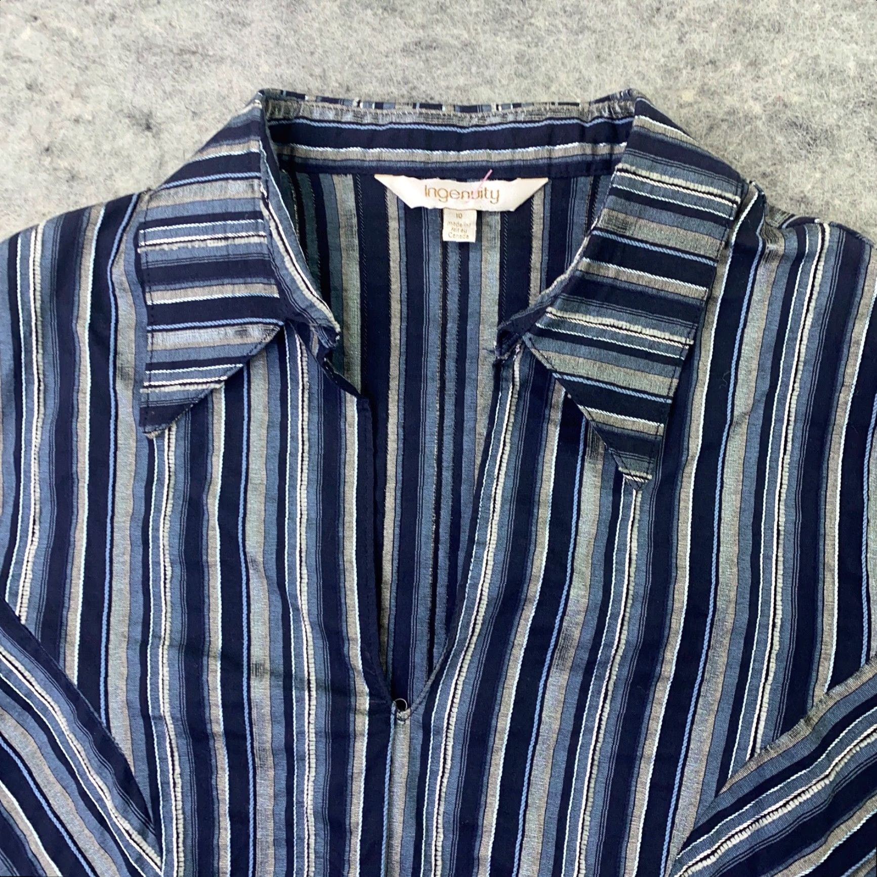 Vintage Ingenuity Shirt Blouse Womens Top 10 Blue Striped 3/4 Sleeve V-Neck Stretch Size L / US 10 / IT 46 - 6 Thumbnail