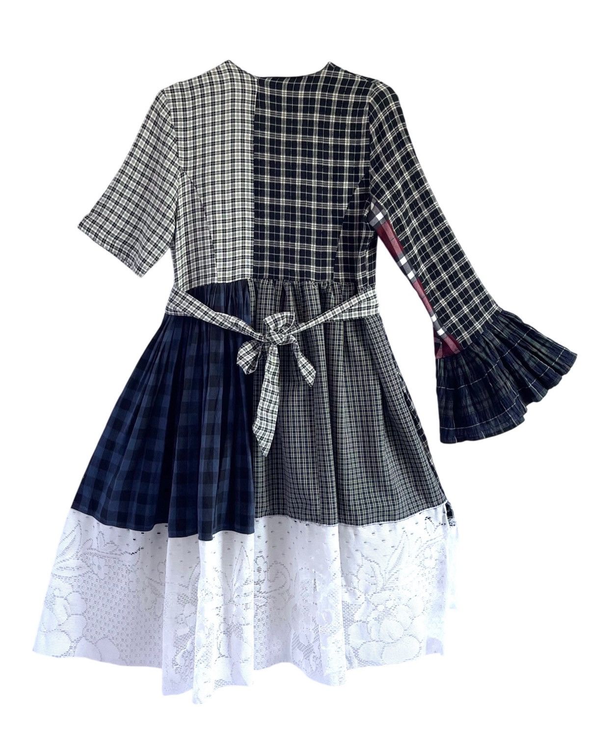 Custommade upcycled asymmetrical sleeves plaid midi dress with tulle Size S / US 4 / IT 40 - 2 Thumbnail