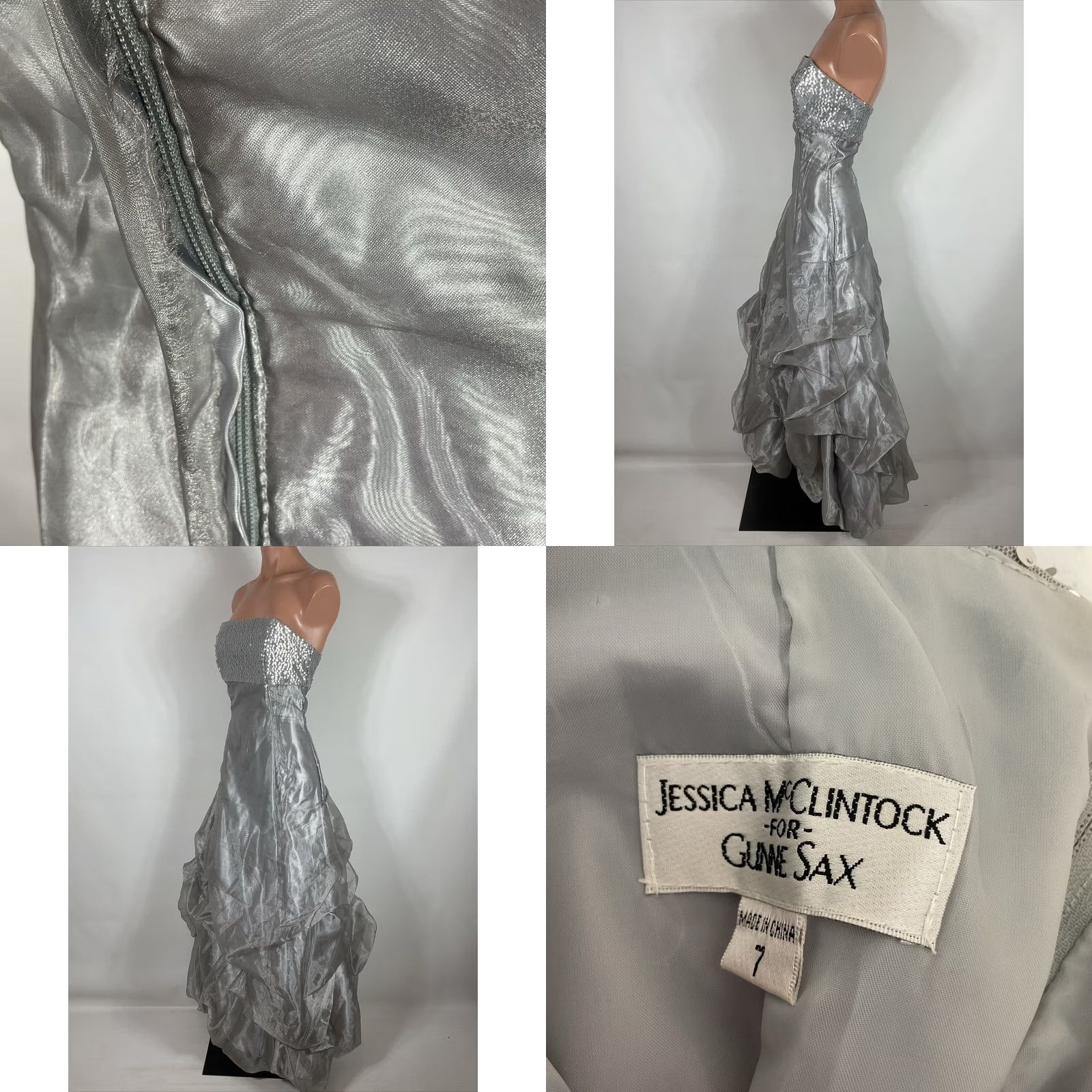 Jessica McClintock VINTAGE Jessica McClintock Gunne Sax Silver Sequin Long Formal Dress Strapless Size M / US 6-8 / IT 42-44 - 9 Thumbnail