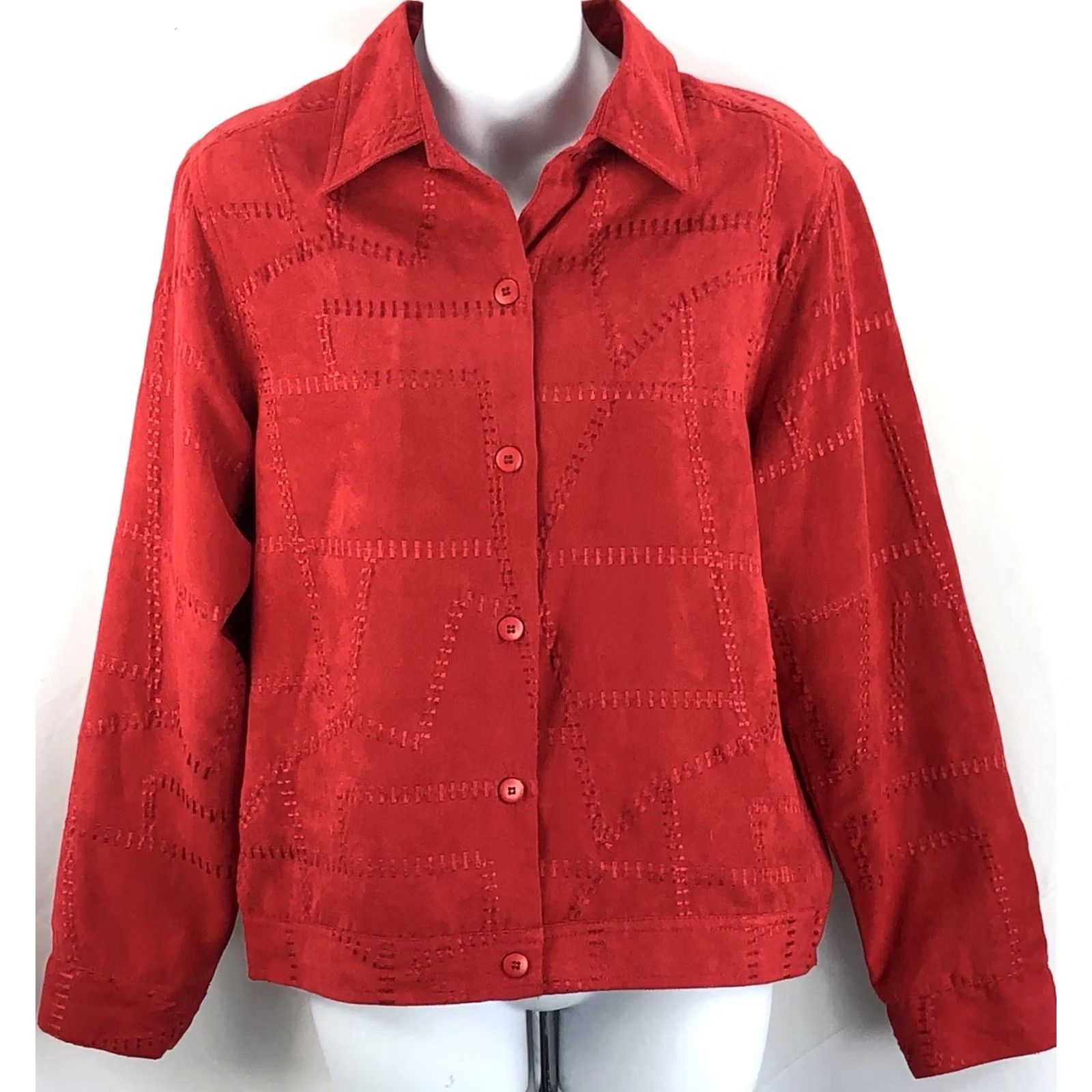 Vintage Christopher & Banks Red Jacket M Patchwork Stitching Buttonup Longsleeve Faux Suede Glam Punk Women Size M / US 6-8 / IT 42-44 - 5 Thumbnail