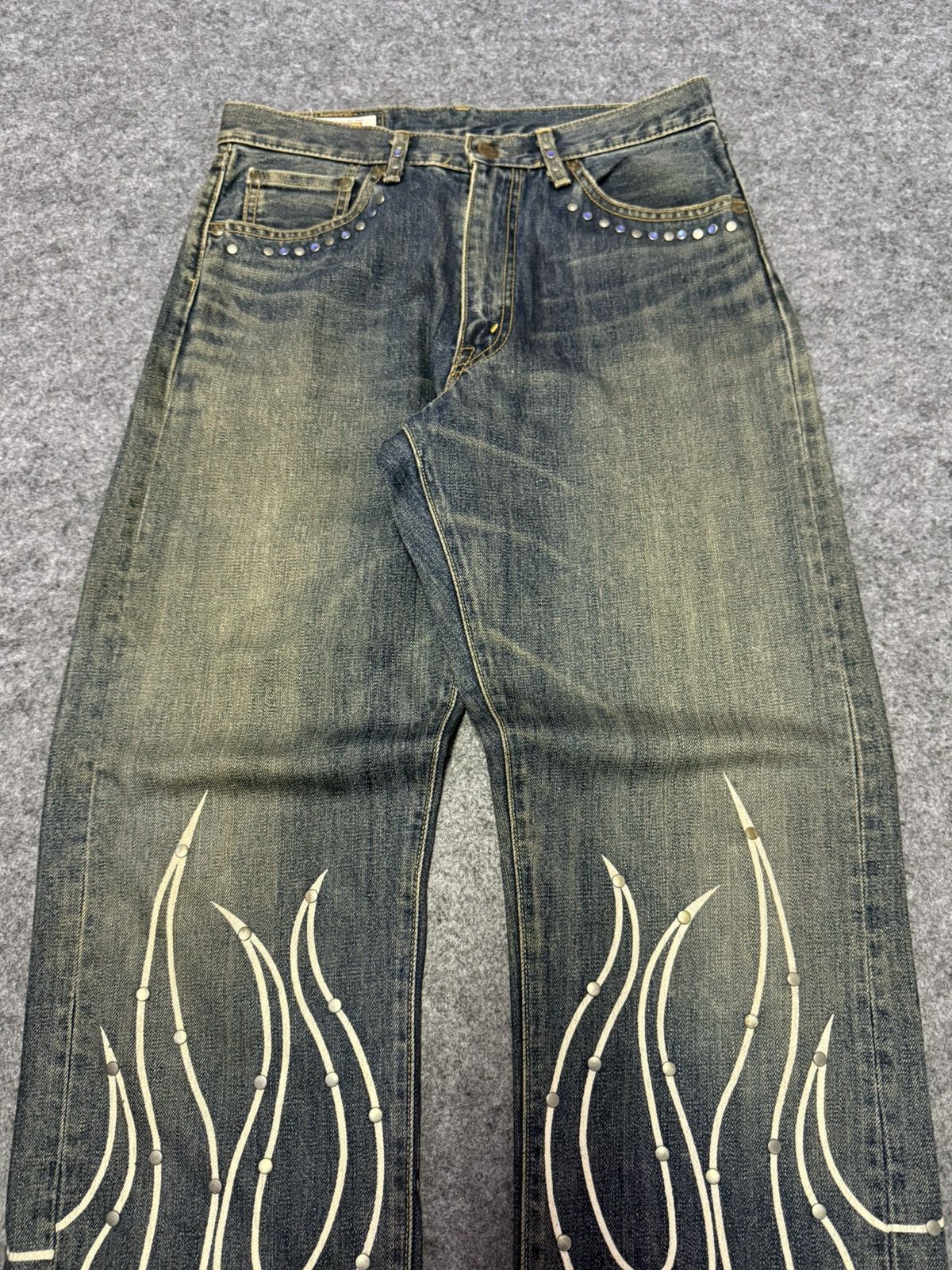 Big John × Edwin × Japanese Brand 90s Big John Studded Gemstone Tribal Flame Mud Wash Jeans Size US 30 / EU 46 - 3 Thumbnail