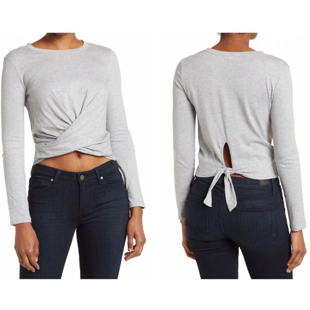 Other NWT New Frayed Romi Twist Front Tie Back Crop Grey Top Size Size L / US 10 / IT 46 - 1 Thumbnail