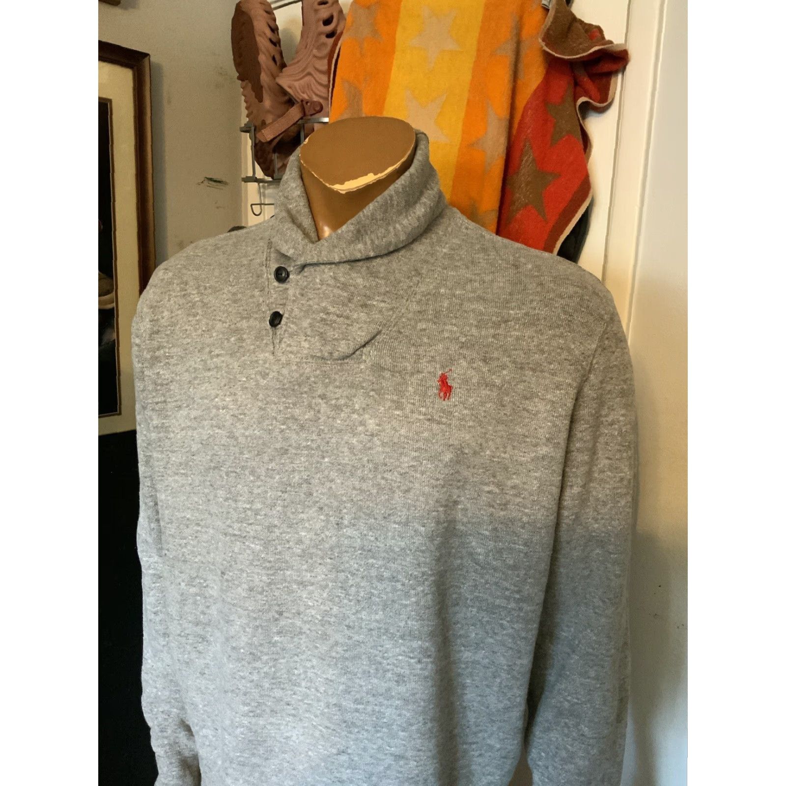 Polo Ralph Lauren VINTAGE Polo Ralph Lauren Pony Player Logo Rib Cotton Gray Shawl Estate Sweater Sz. L Size US L / EU 52-54 / 3 - 8 Thumbnail