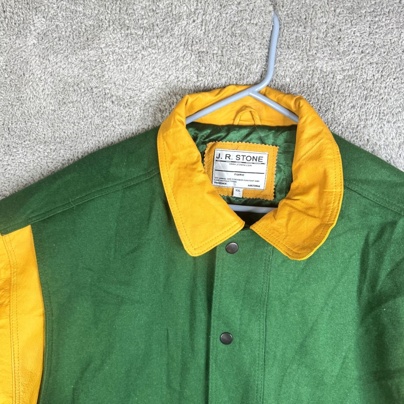 Vintage J.R. Stone Jacket Mens 2XL Green Yellow Wool Varsity Snap Lined Sports College Jacket Size US XXL / EU 58 / 5 - 7 Thumbnail