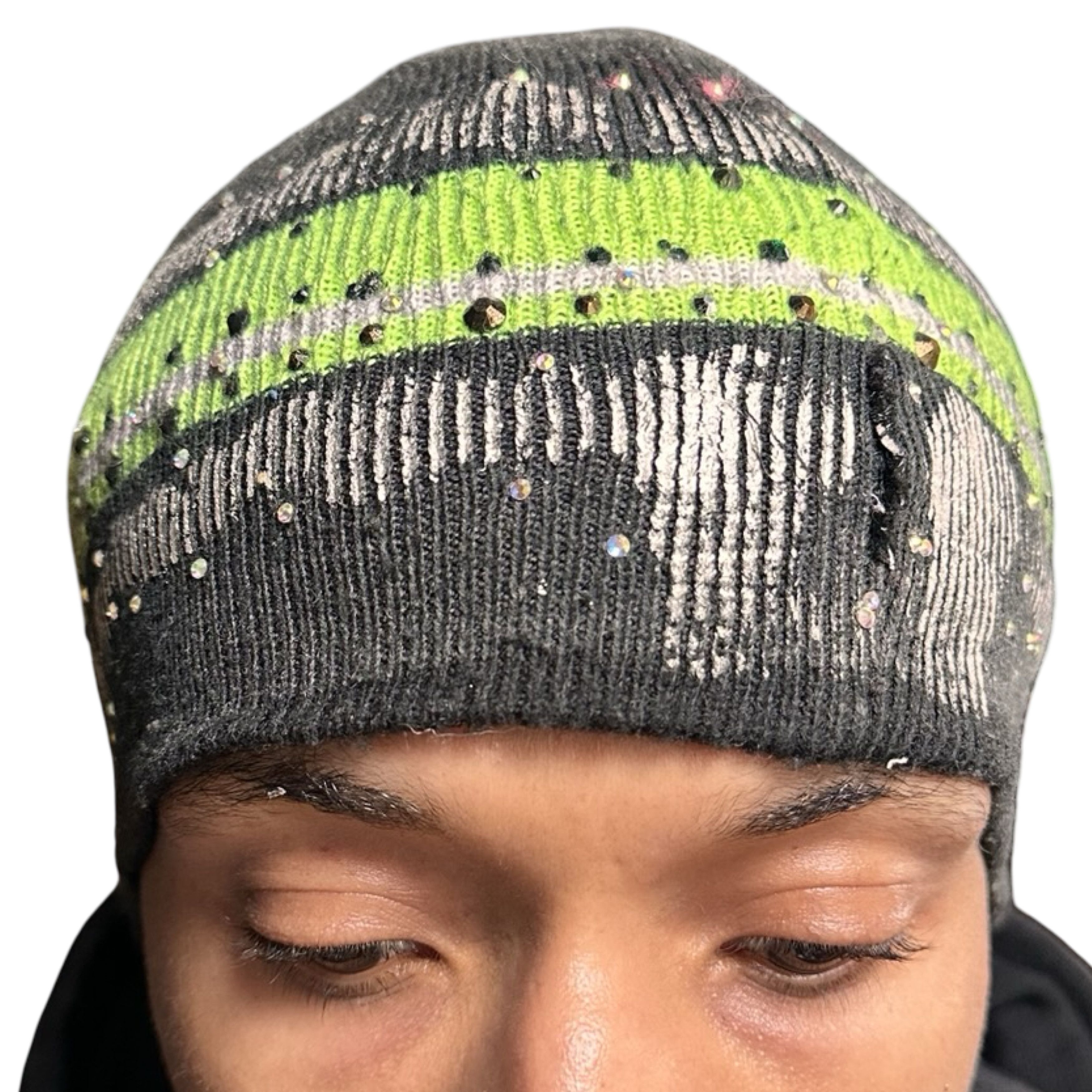 Vintage ASTROBOI* Gray Striped Rhinestone Beanie Size ONE SIZE - 2 Thumbnail