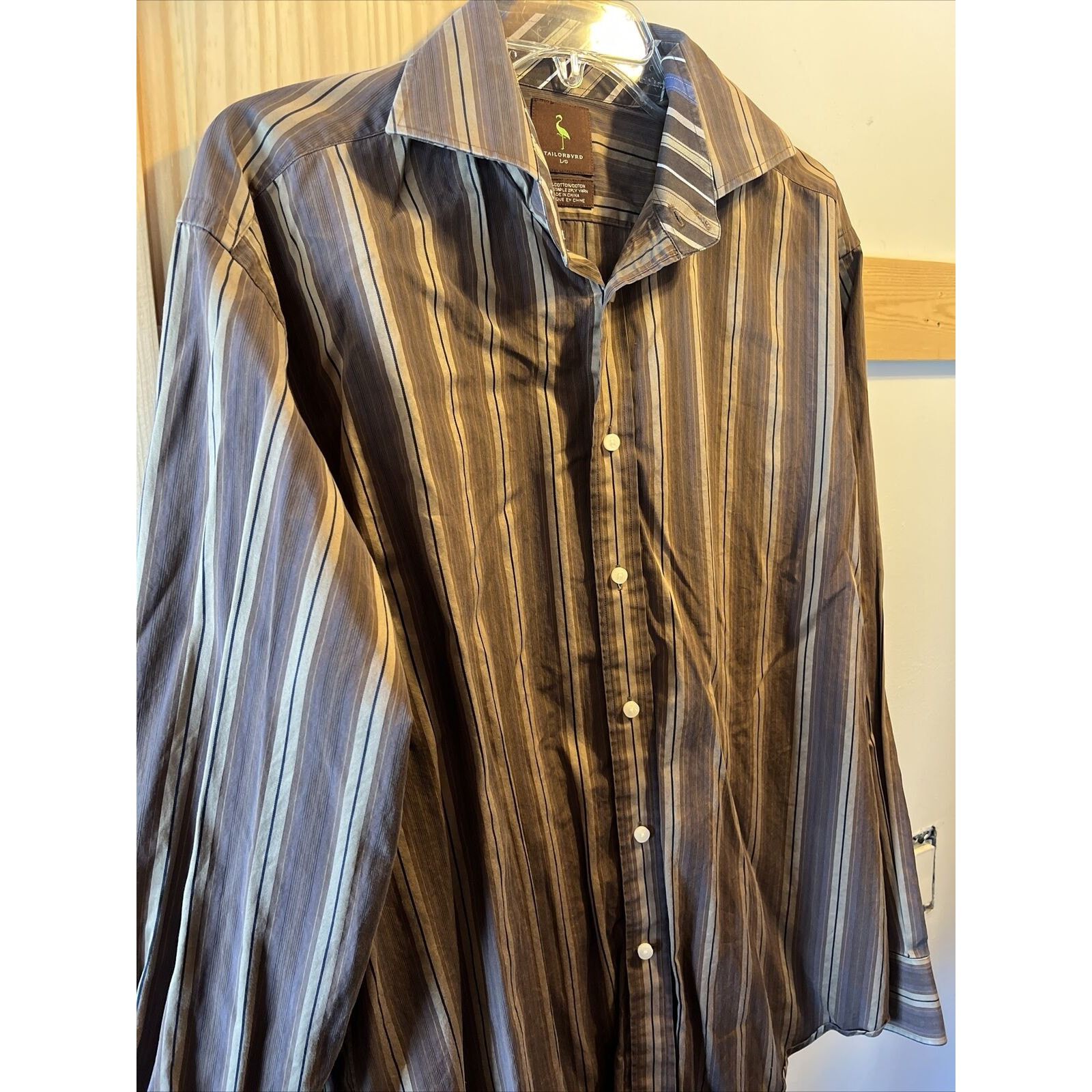 Tailorbyrd TAILORBYRD Men L Striped Brown Gold Long Sleeve cotton Shirt Size US L / EU 52-54 / 3 - 5 Thumbnail
