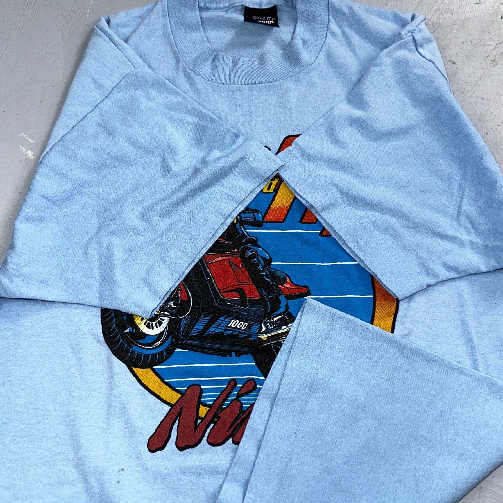 Vintage VINTAGE Screen Stars Motorcycle Ninja 80s VTG T Shirt Short Sleeve Crew Neck L Blue Mens Graphic Print 80s Theme Size US L / EU 52-54 / 3 - 7 Thumbnail