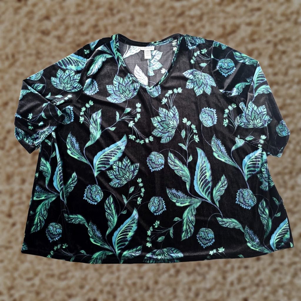 Vintage Catherine's Top Womens 4X Black Green Velour Floral Stretch Casual Career Blouse Size XXL / US 16-18 / IT 52-54 - 1 Thumbnail
