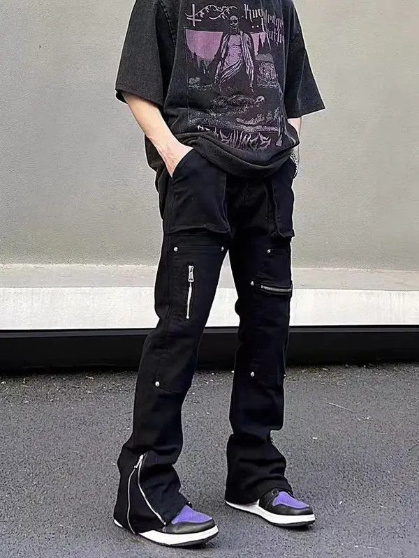 VIBE Street hip-hop irregular zipper workwear micro-flare jeans Size US 33 - 6 Thumbnail