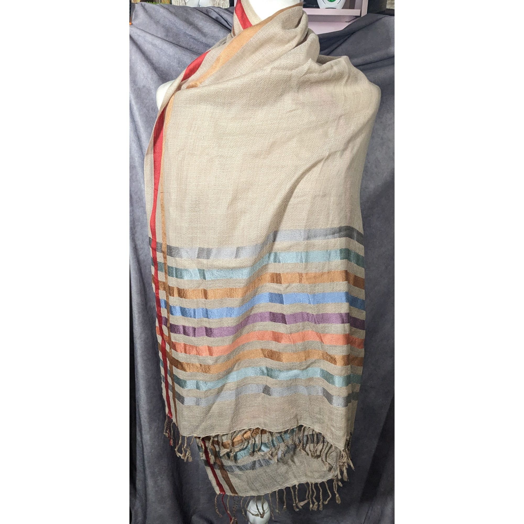Other Vintage Cream Rainbow Stripe Accent Fringe Scarf Size ONE SIZE - 7 Thumbnail