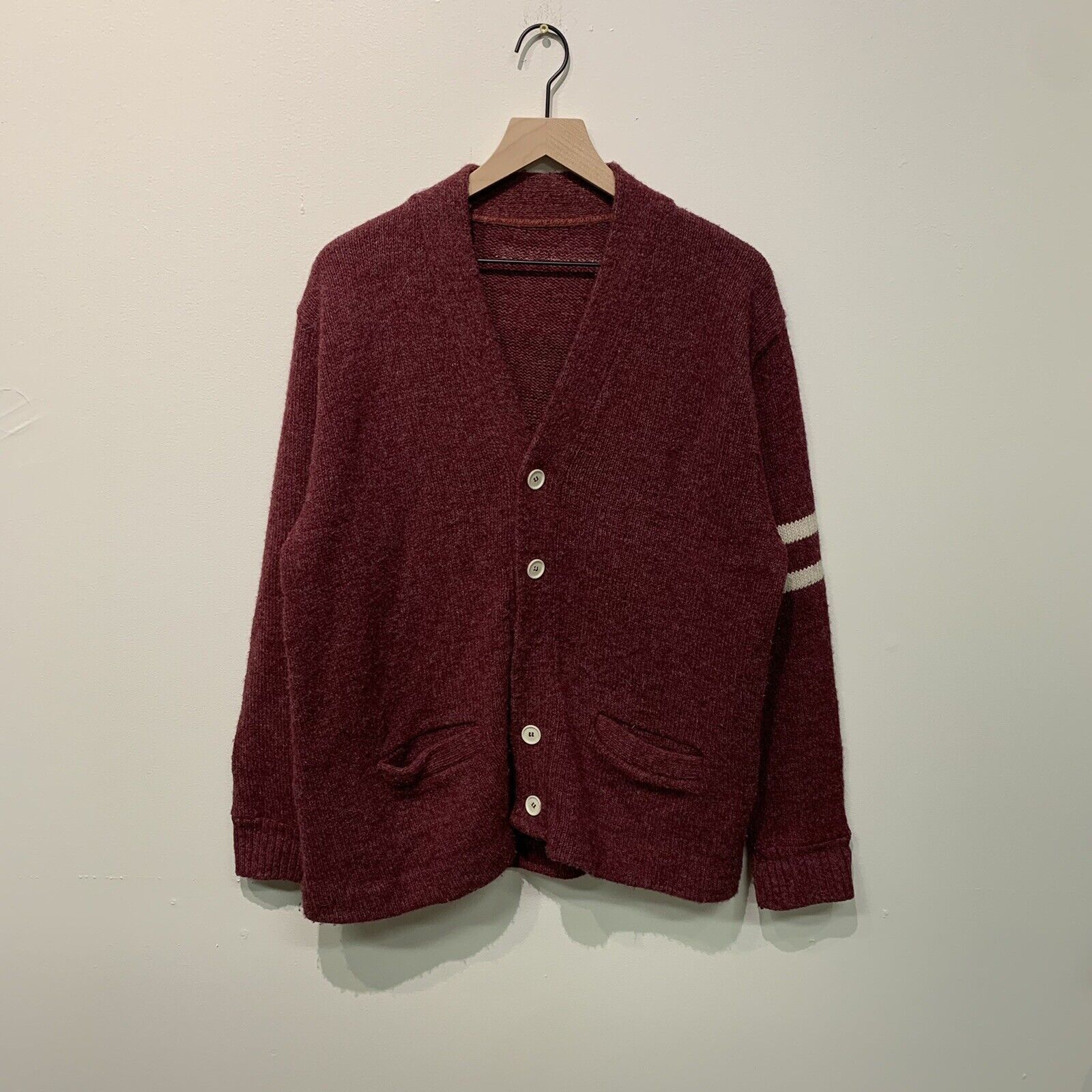 Vintage 50s 60s Red Wool Varsity Cardigan Sweater Mens SZ L