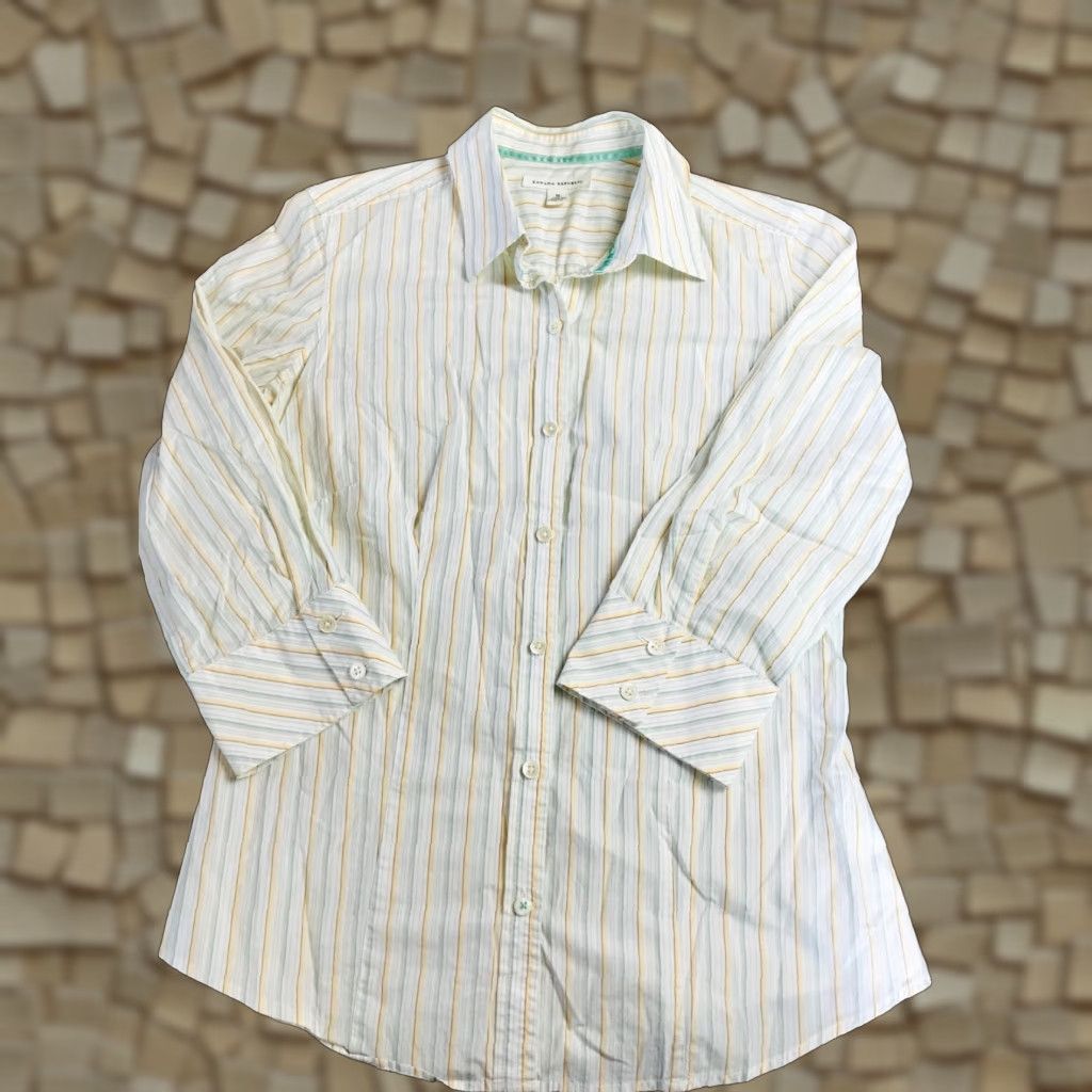 Banana Republic Banana Republic Shirt Womens Medium White Green Yellow Button Up 3/4 Sleeve Striped Casual Modern Fall Spring Summer Size M / US 6-8 / IT 42-44 - 1 Thumbnail