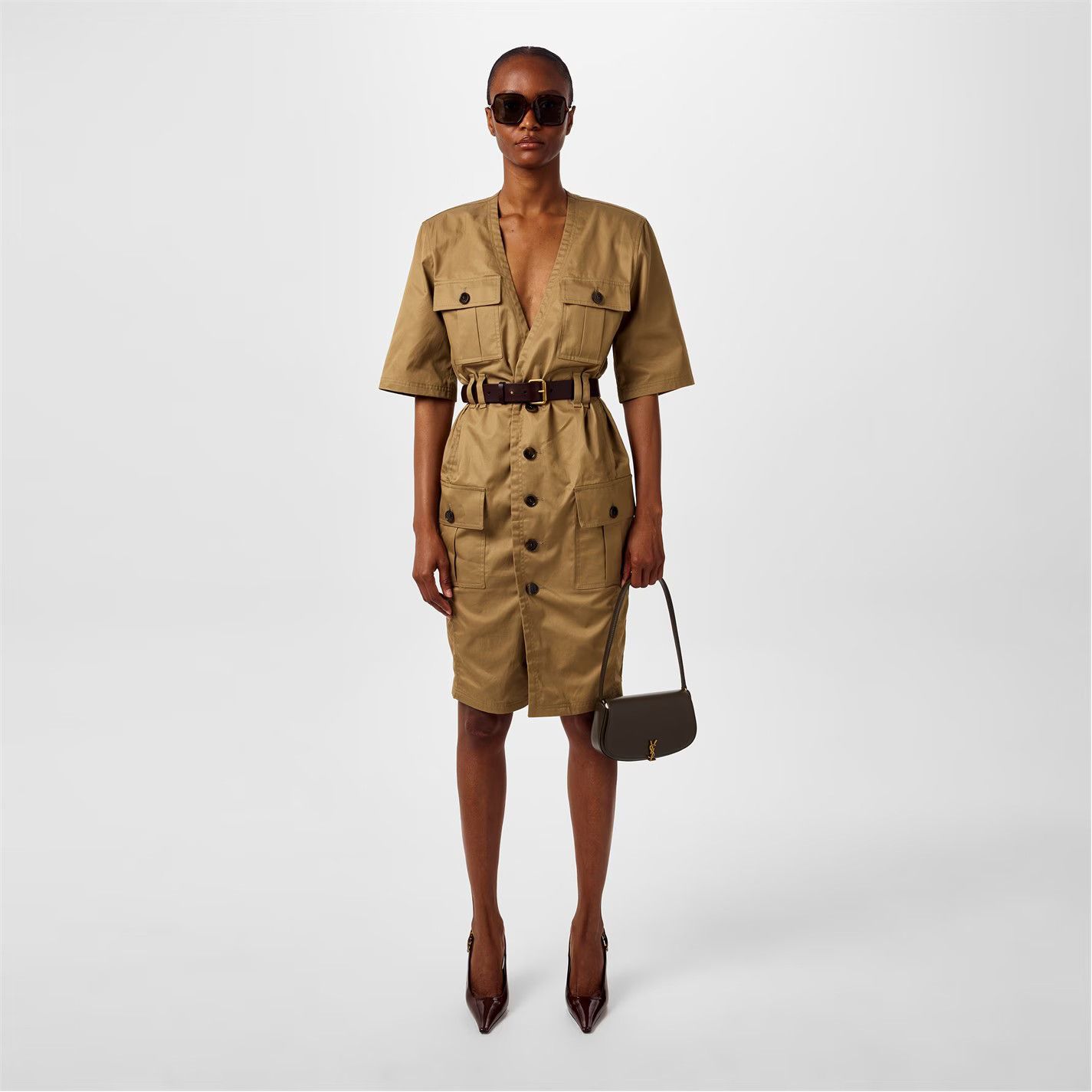 Saint Laurent Paris o1y0126 Belt Midi Dress in Beige Size M / US 6-8 / IT 42-44 - 6 Thumbnail