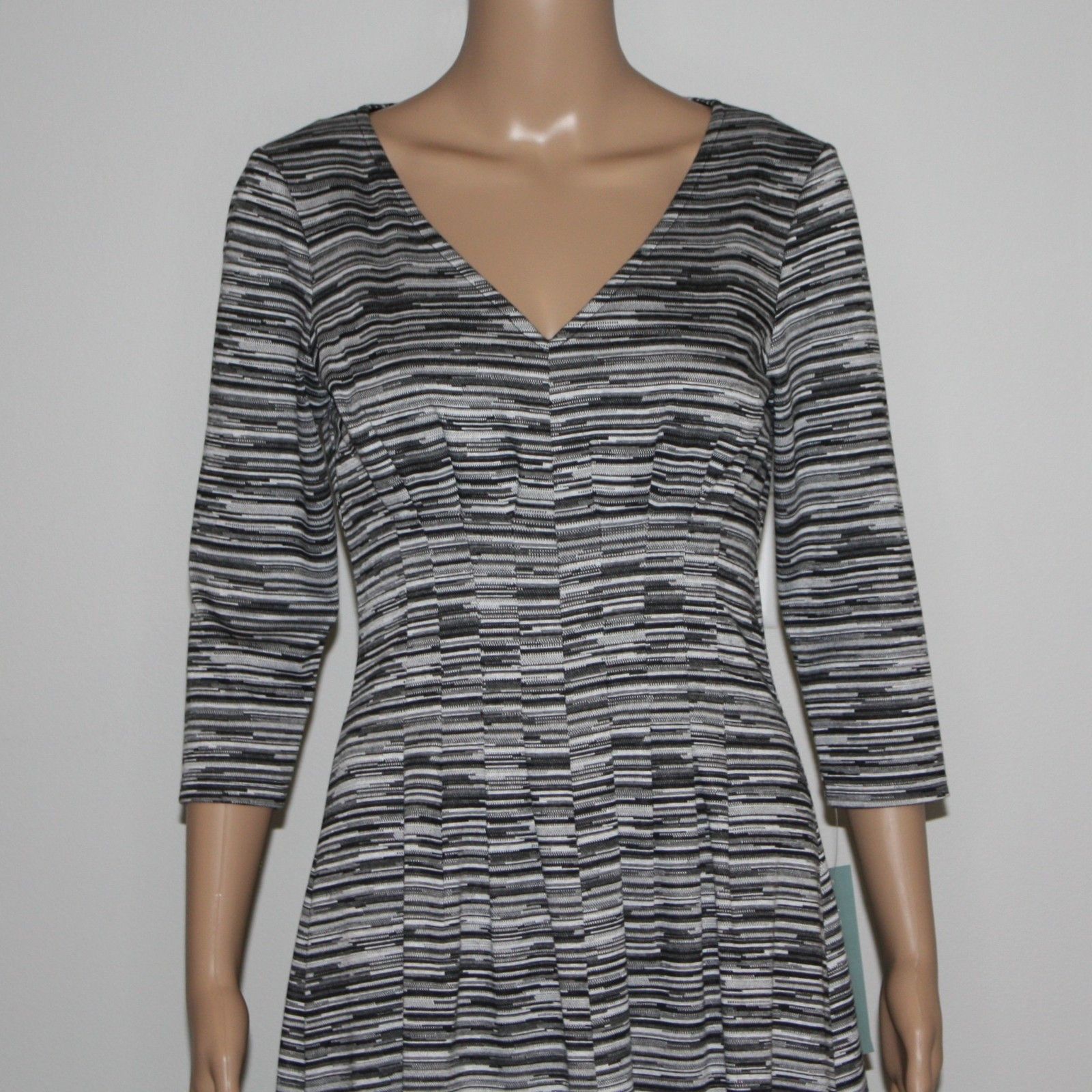 Other London Times Black & Gray Striped V-Neck Midi Dress Size M / US 6-8 / IT 42-44 - 2 Thumbnail