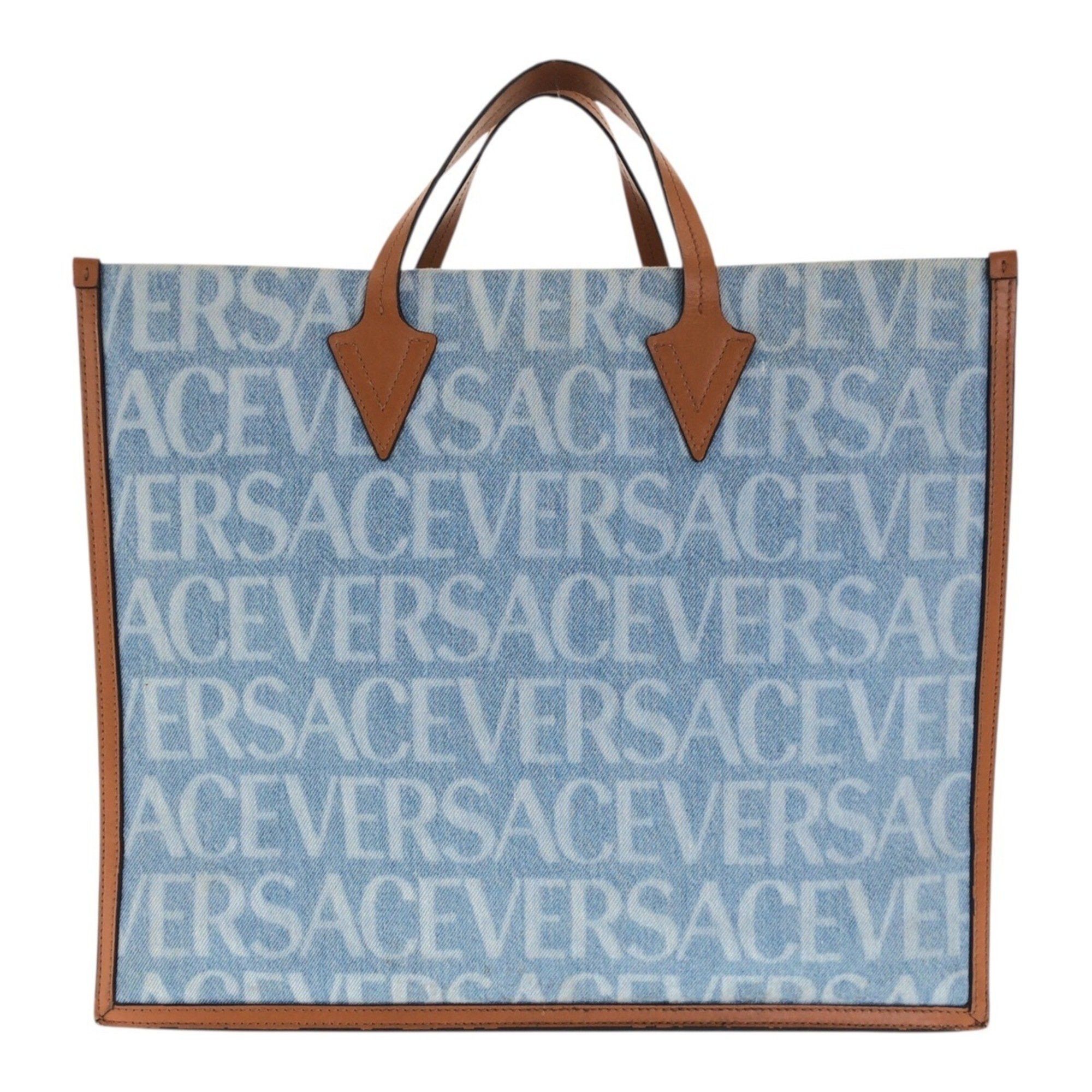VERSACE All-Over Denim Blue and Brown Canvas Tote Bag 1008913 Women's Handbag