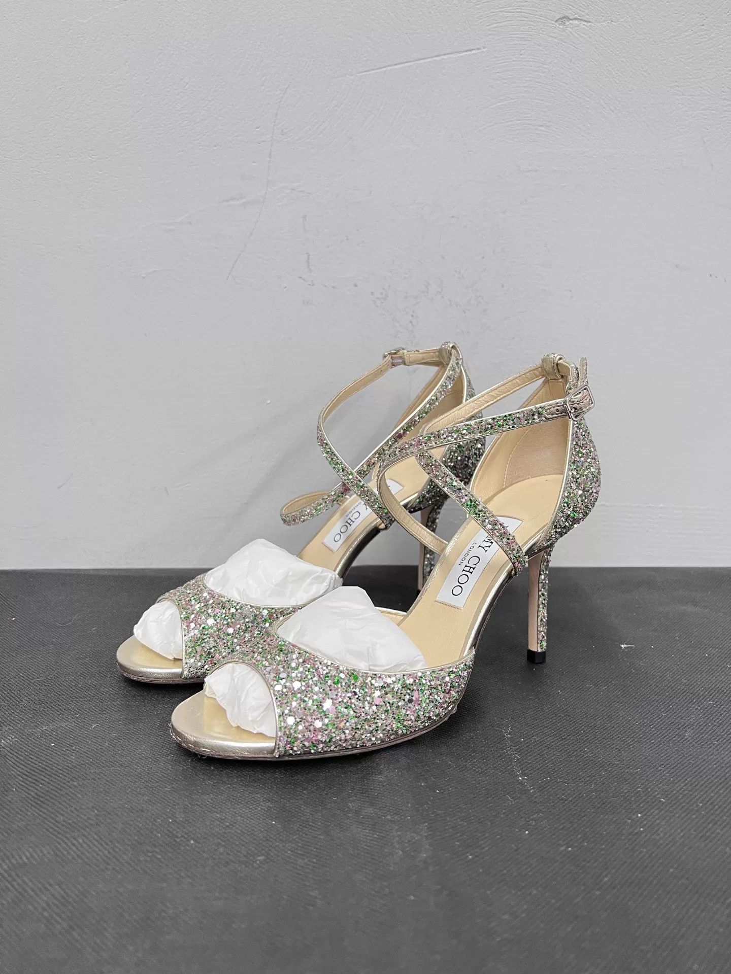 Jimmy Choo Jimmy Choo Emsy Crystal Glitter Open Toe Stiletto 38 NIB Size US 7.5 / IT 37.5 - 1 Thumbnail
