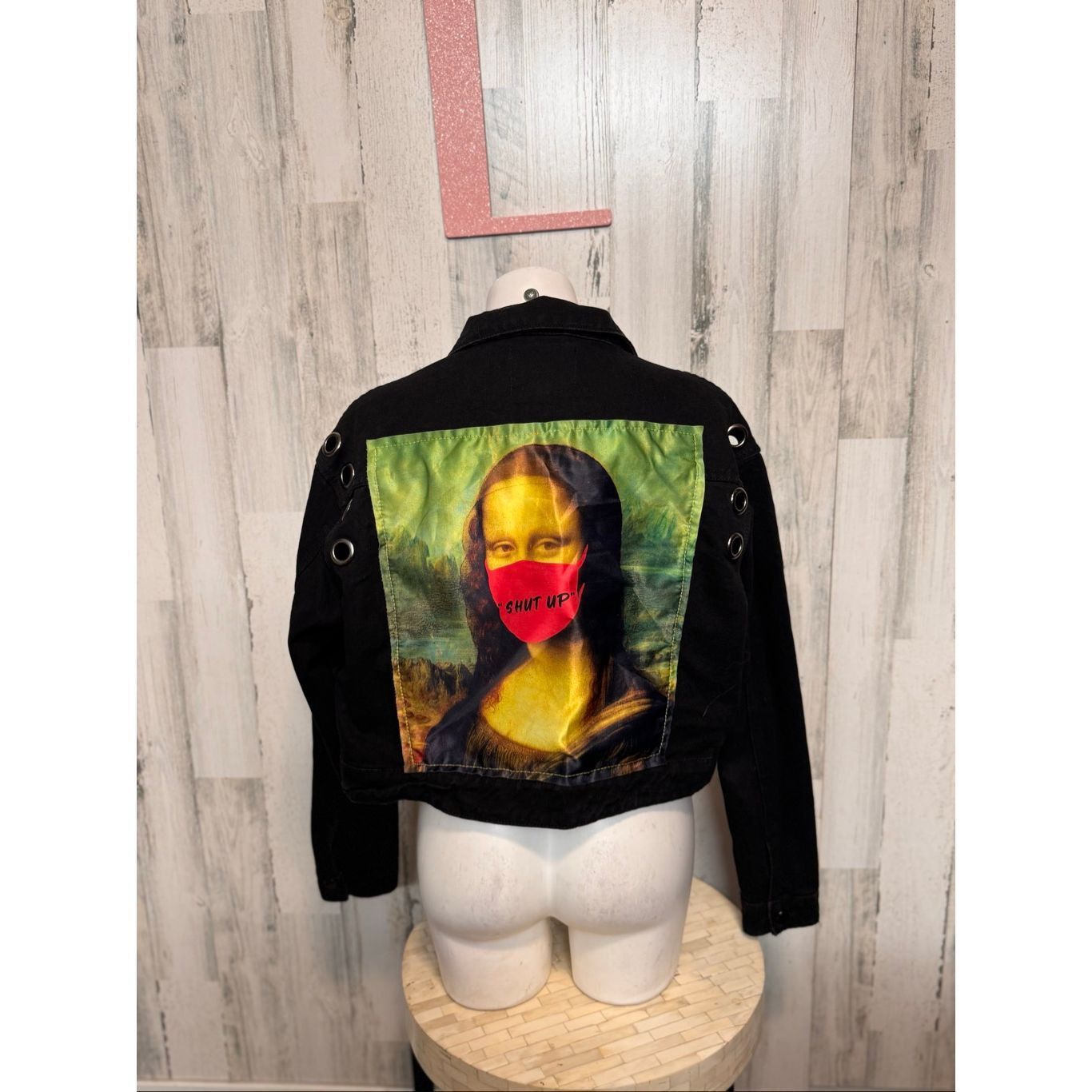 Other Fashion Nova Black Denim Jacket L – Graphic Mona Lisa Back Print “Shut Up” Imagine All The People Quote Women’s Large Size L / US 10 / IT 46 - 1 Thumbnail
