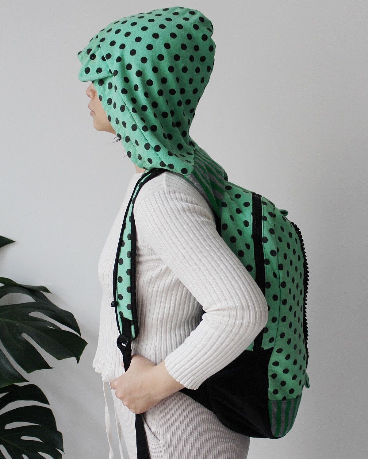 Japanese Brand 2000S HOODED BACKPACK BY WOR – GREEN POLKA DOTS Size ONE SIZE - 6 Thumbnail