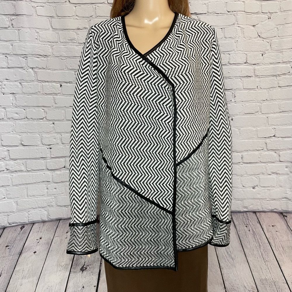 Chicos Chico's Chevron Black White Open Front Faux Leather Trim Ca Size L / US 10 / IT 46 - 5 Thumbnail