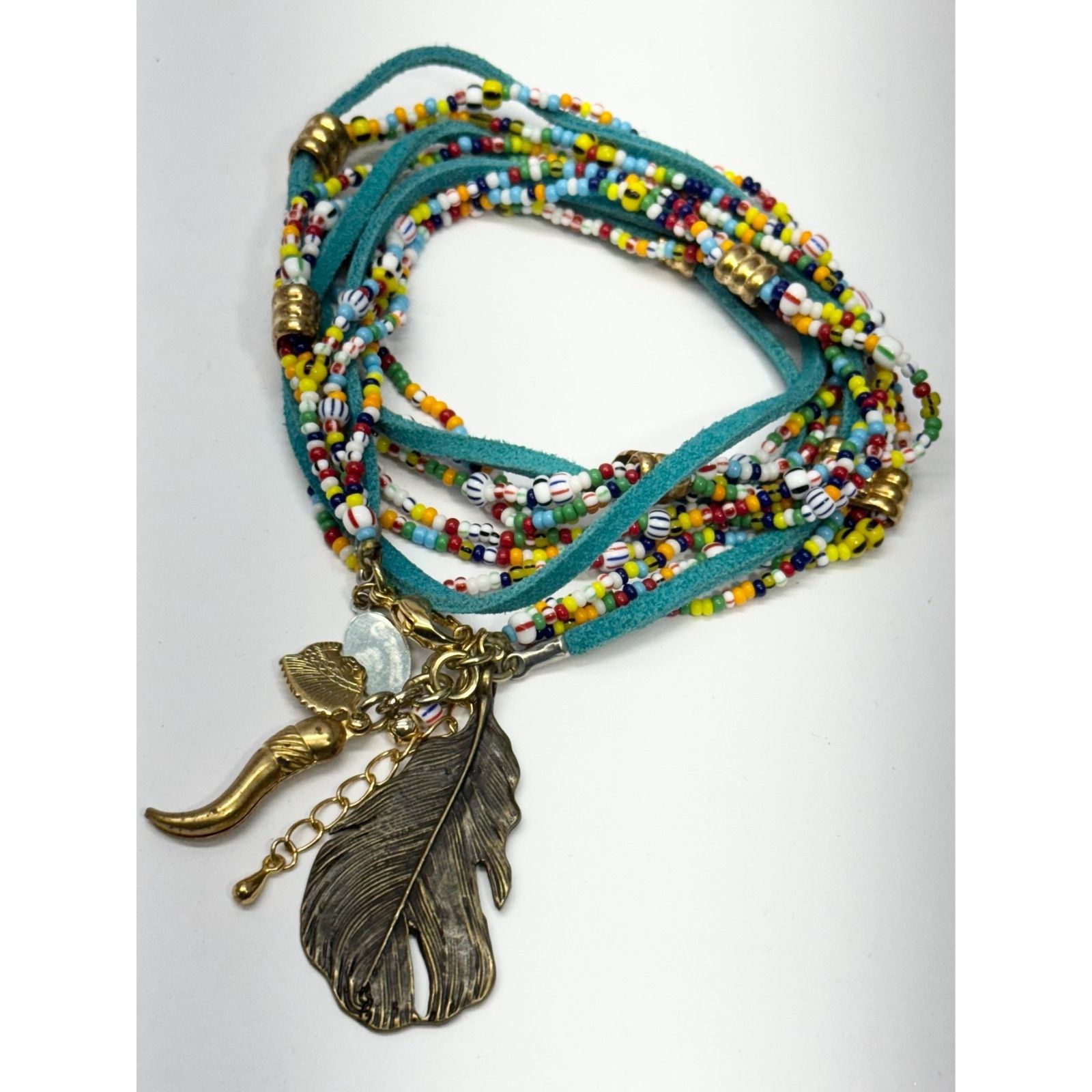 Vintage Vintage blue suede seed bead wrap horn feather charm necklac Size ONE SIZE - 3 Thumbnail