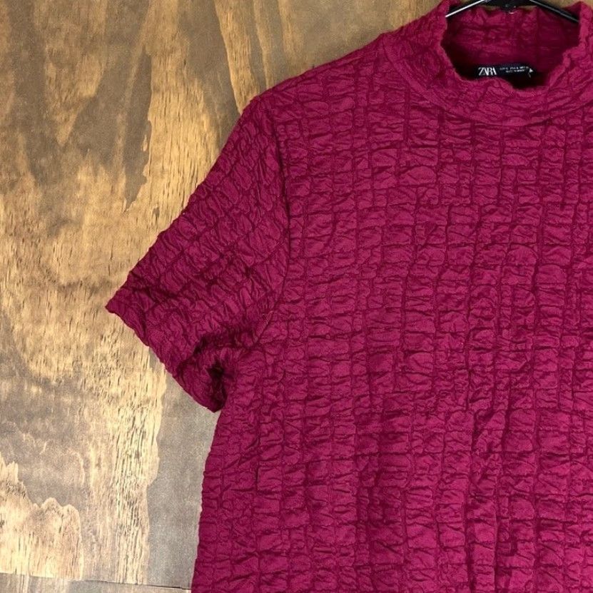 Zara ZARA Womens Dress Red Mock Neck Textured Short Sleeve Stretch Ruffle Large Dress Size 36" / US 14 / IT 50 - 4 Thumbnail