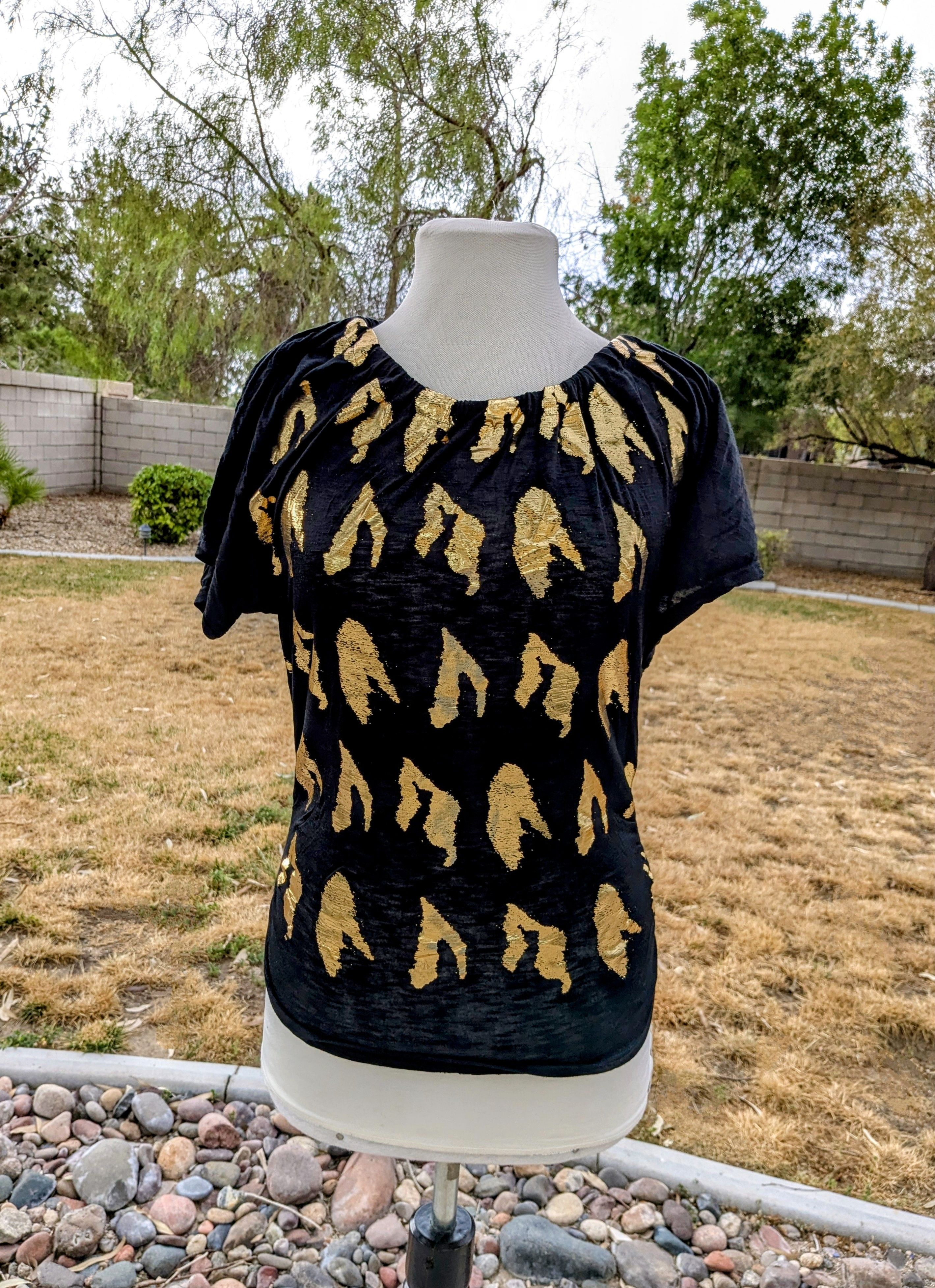 Designer Miss Royal T Gold Flame Rayon Stretch Women's Top Blouse Size S / US 4 / IT 40 - 1 Thumbnail