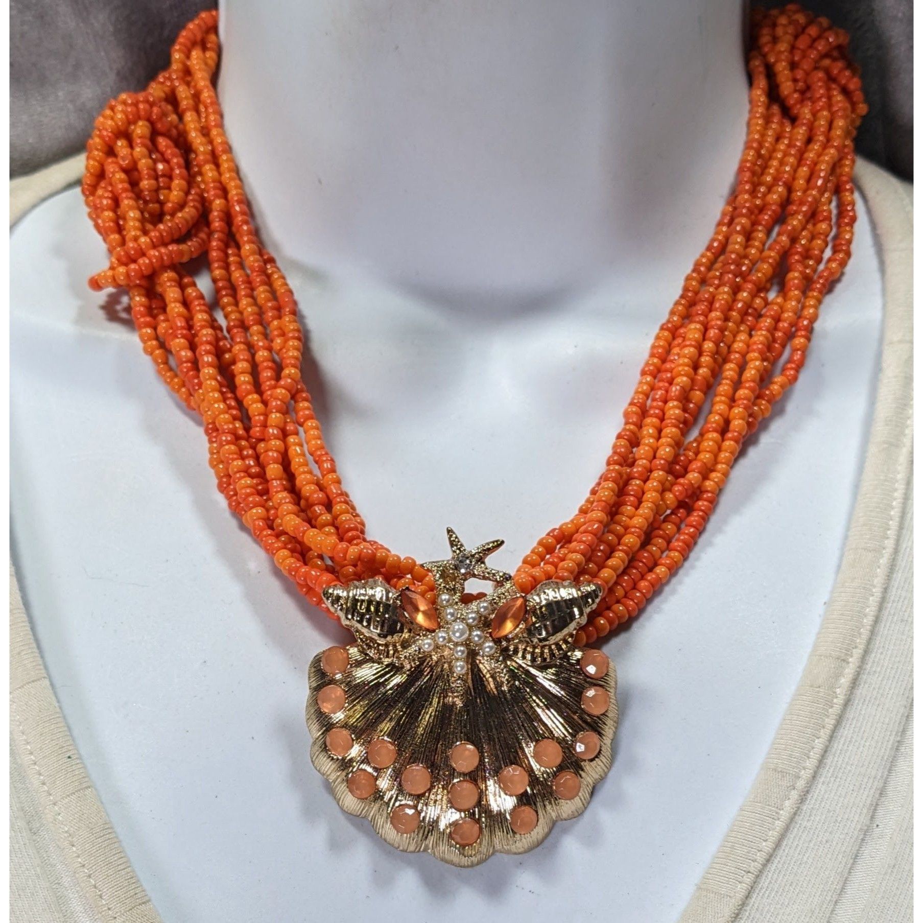 Other Mermaidcore Glam Orange Beaded Shell Pendant Necklace With S Size ONE SIZE - 2 Thumbnail