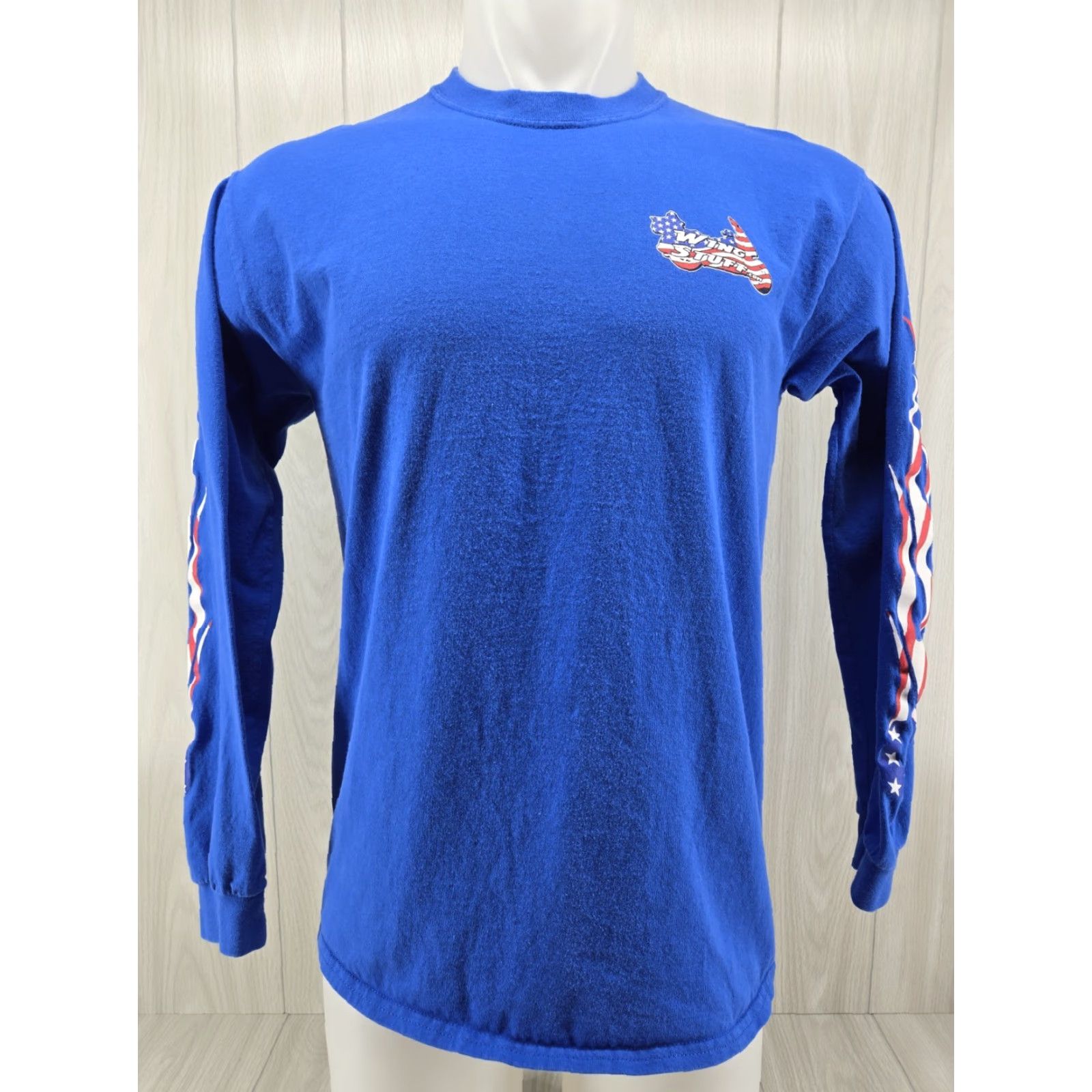 Gildan Gildan Ultra Cotton Wing Stuff Biker Long sleeve Tee Blue Size M USA Flame Sleeves T‑Shirt Men Regular Fit Adults Mens Size US M / EU 48-50 / 2 - 4 Thumbnail