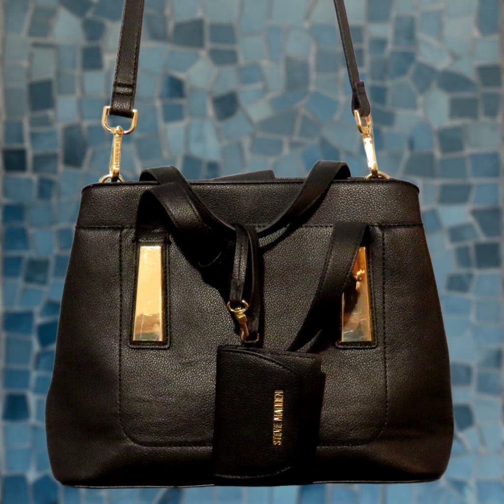 Steve Madden Steve Madden Shoulder Bag Black and Gold Faux Leather W/Wallet Purse Large Size ONE SIZE - 1 Thumbnail