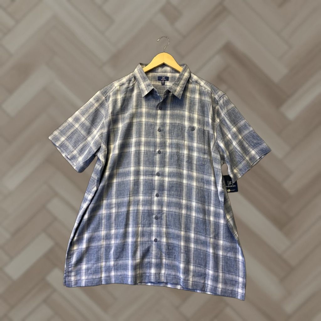 George George Button-Up Shirt 2XL Blue Jacquard Plaid Short Sleeve Relaxed Fit Mens Size US XXL / EU 58 / 5 - 1 Thumbnail