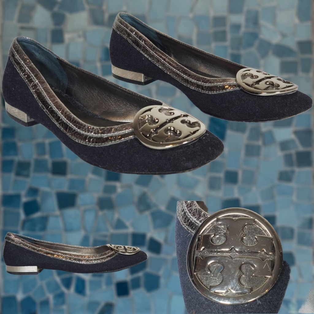 Tory Burch Tory Burch Gerritt Flannel Flats Dark Gray / Dark Pewter Women's US 7 M Size US 7 / IT 37 - 1 Thumbnail