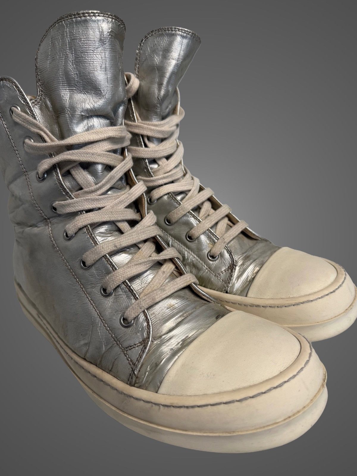 Rick Owens Drkshdw Rick Owens DRKSHDW Hi-Top Silver Satin Ramones from SS16 Size US 8 / EU 41 - 4 Thumbnail