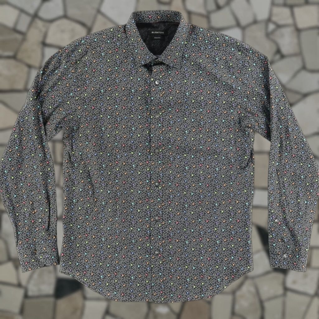 BUGATCHI Bugatchi Shirt Black Mens L Button Up Cotton Microphone DJ Print Long Sleeve Slim Fit Adults Size US L / EU 52-54 / 3 - 1 Thumbnail
