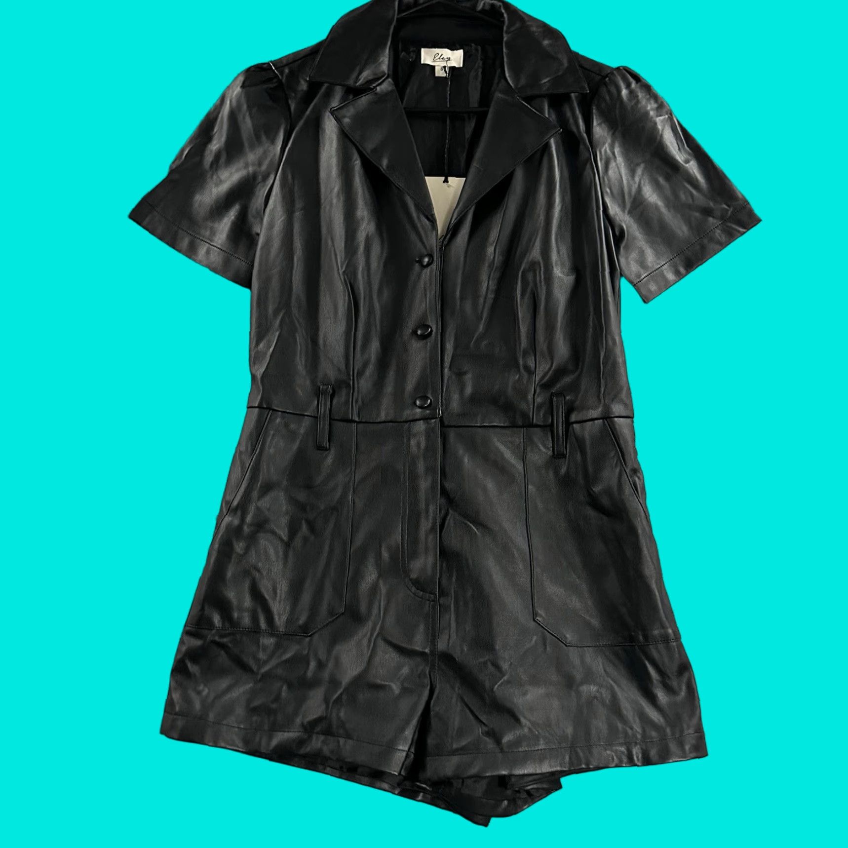 Vintage Elan Womens Romper Black Size S Vegan Leather Polyurethane Polyester One-Piece Womens Small Black Romper Size 28" / US 6 / IT 42 - 1 Thumbnail