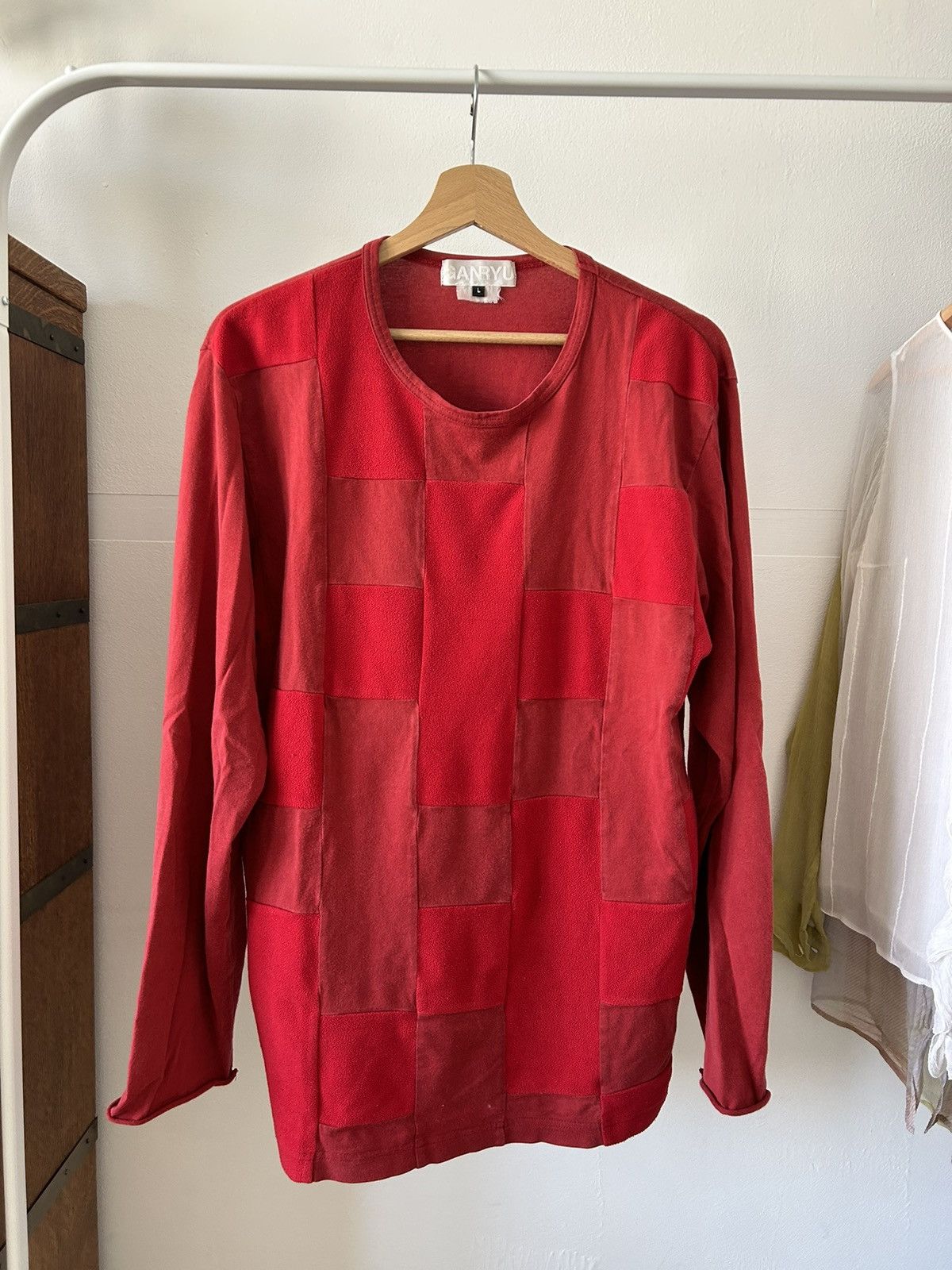 image of Comme Des Garcons x Ganryu Fleece Patchwork Long Sleeve T in Red, Men's (Size Large)