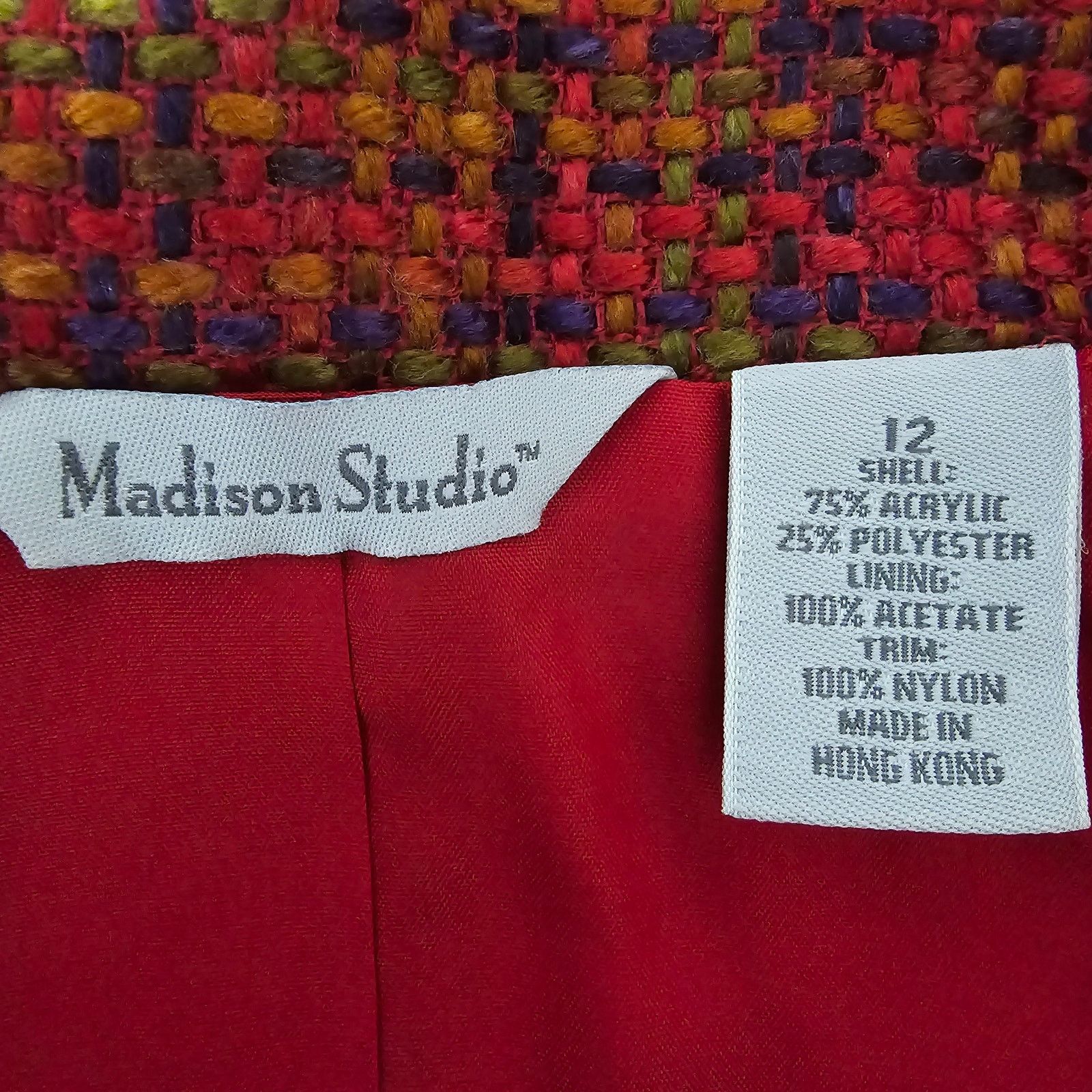 Vintage Madison Studio Tweed Boucle Blazer Jacket 12 Red Snap button Size M / US 6-8 / IT 42-44 - 13 Thumbnail