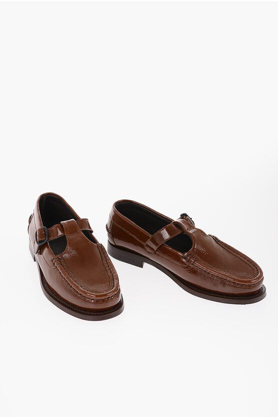 image of Hereu Glossy Effect Alber T-Bar Loafers With Strap in Brown, Women's (Size 9)