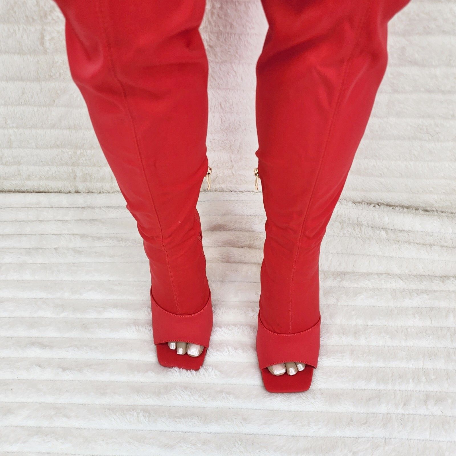 Other Vicky Bright Red Open Square Toe Stretch Thigh High Heel Boo Size US 11 / IT 41 - 4 Thumbnail