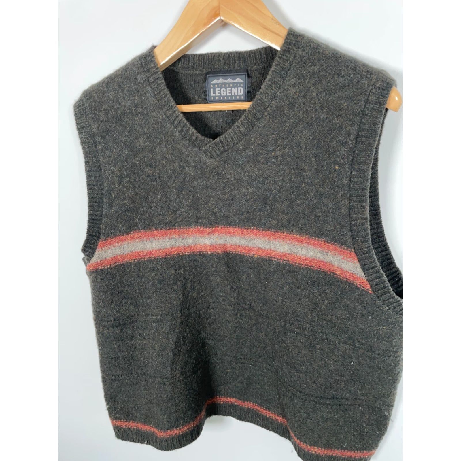 Olive VINTAGE Authentic Legend Wool Knit V-Neck Sweater Vest Adult Large Gray Olive Green Striped 90s Preppy Mens Size US L / EU 52-54 / 3 - 7 Thumbnail