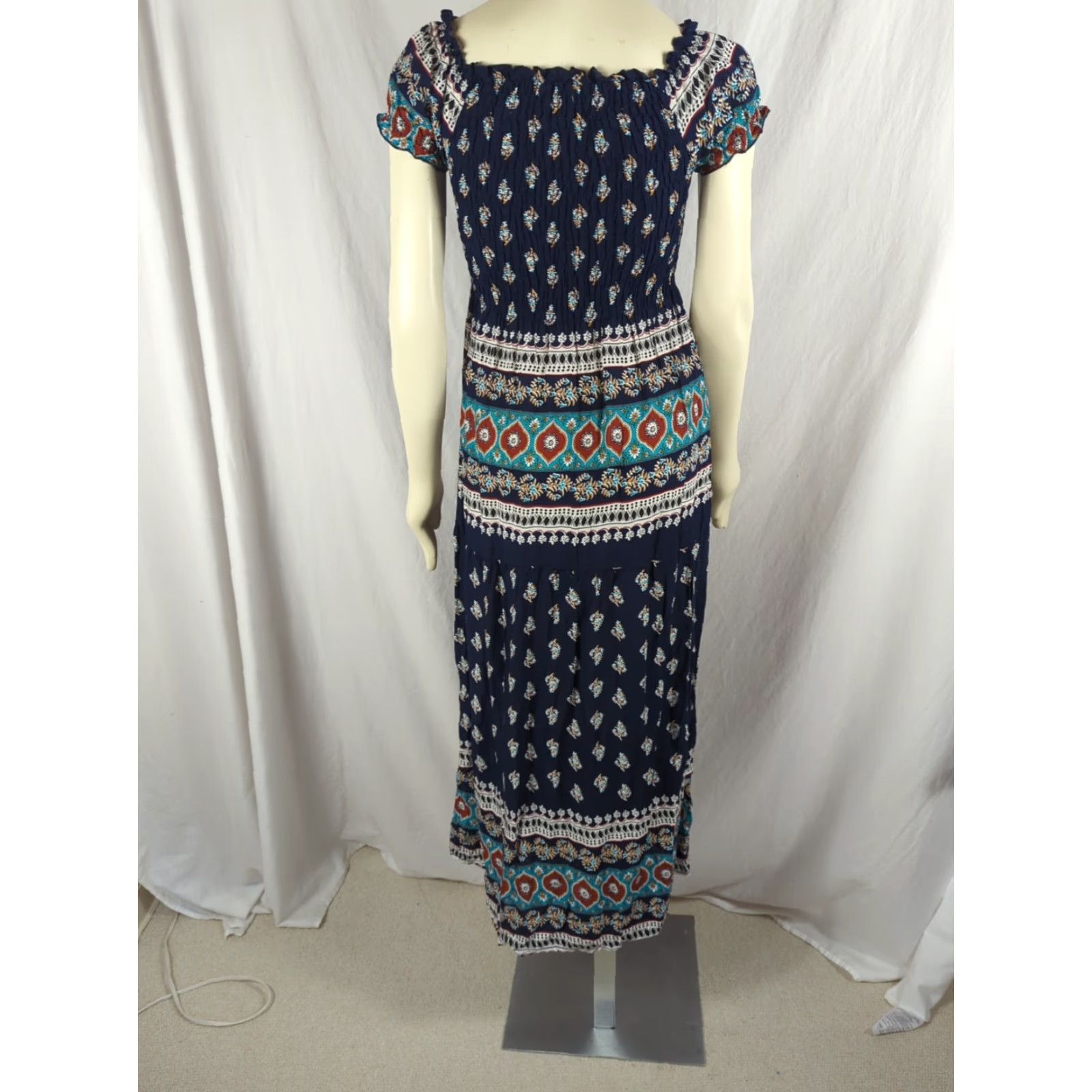 Vintage Kindred Anthropologie Maxi Dress Navy Blue S Short Sleeve Square Neck Smocked Bodice Ruffle Beach Flower Peasant Size S / US 4 / IT 40 - 7 Thumbnail