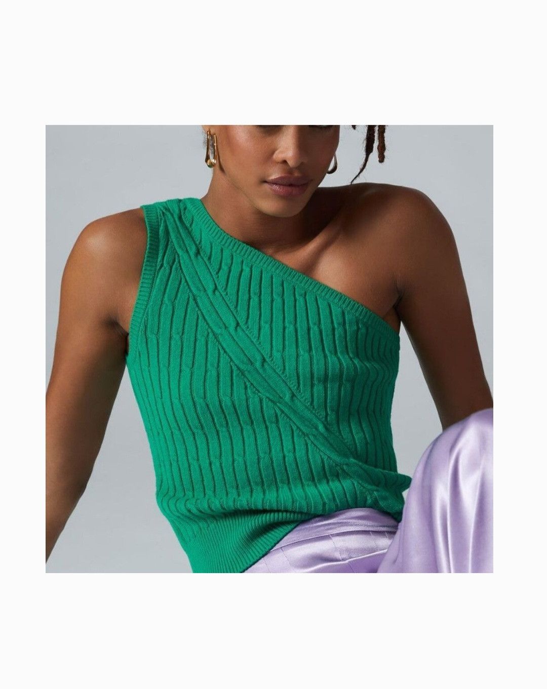 Anthropologie Green one shoulder cable knit sweater top Size S / US 4 / IT 40 - 3 Thumbnail