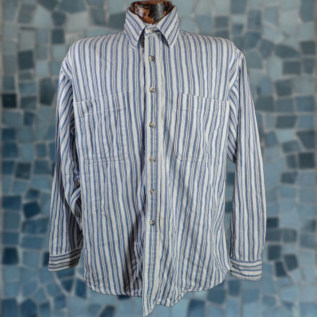 Vintage VINTAGE St. John's Bay Heavy Work Flannel Shirt, Striped, Big & Tall, LT, White/Blue/Gray, 80s-90s, Mens Size US L / EU 52-54 / 3 - 1 Thumbnail