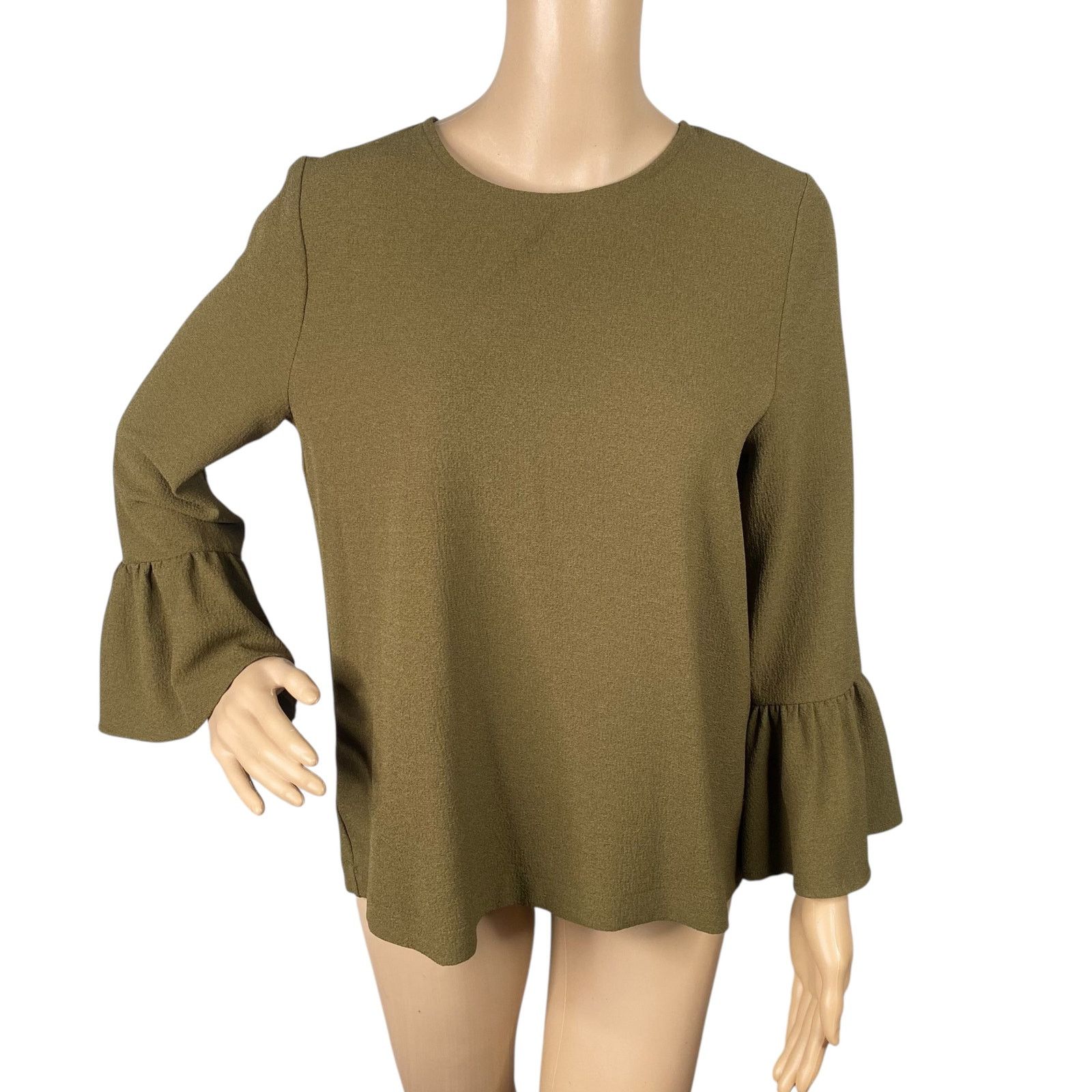 Ganni Ganni Clark Olive Green Crepe Bell Sleeve Crew Neck Top SZ S Size S / US 4 / IT 40 - 1 Thumbnail