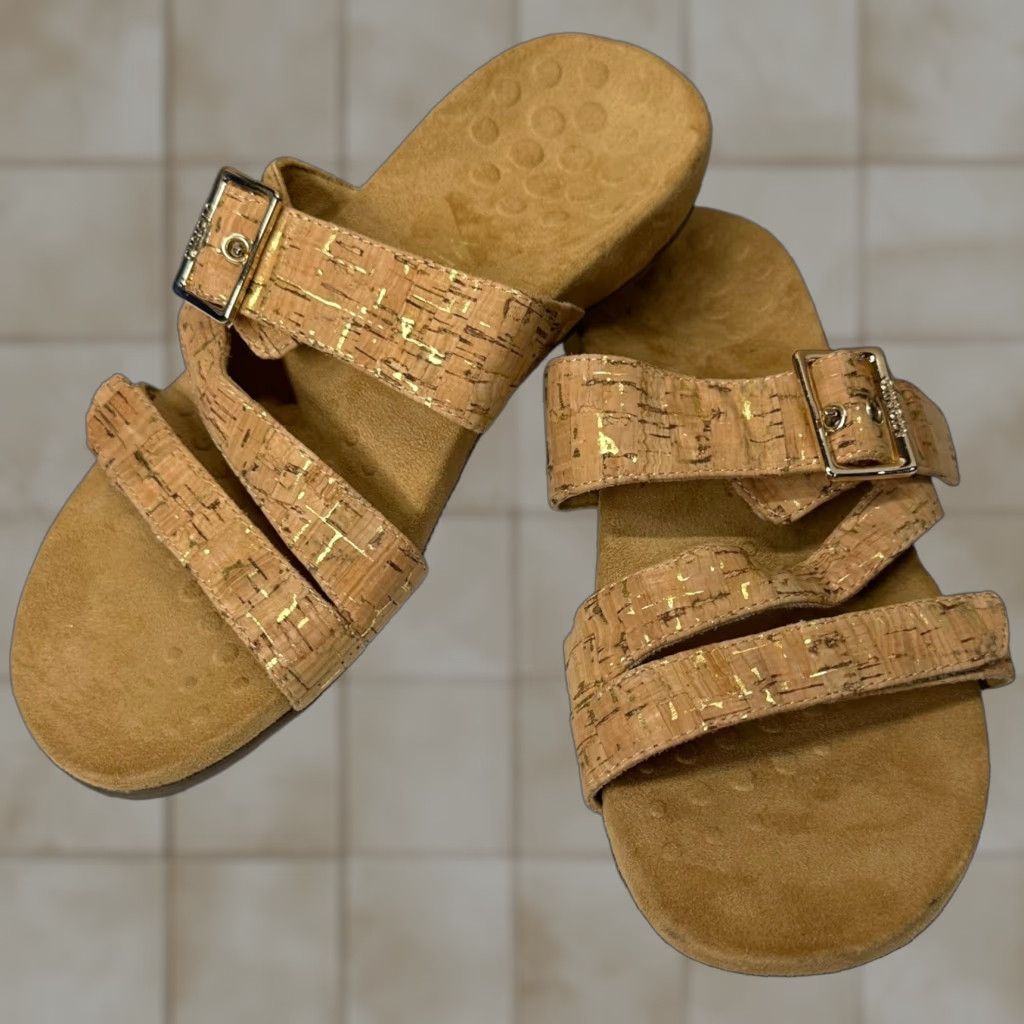 VIONIC Skylar Gold Cork Sandal Womens 8 Brown Slide Orthopedic Comfort